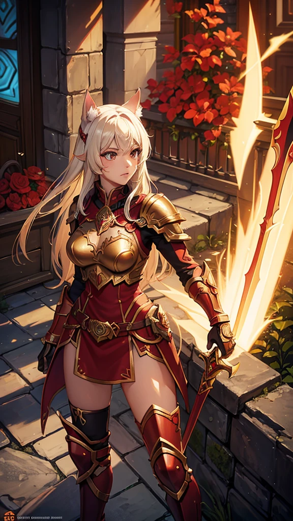 Warrior, blood elf, female, beautiful face, brown warrior armor, no helmet, cat ears on head, sword on hands, cats paw, world of warcraft, massive armor