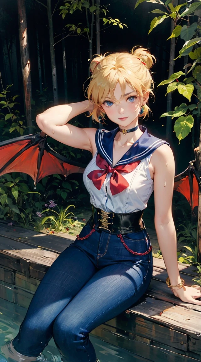 ((masterpiece)), (best quality), official art, extremely detailed CG, 
1girl, sailor moon, blue eyes, blonde hair, long hair, hair bun, jewelry, sailor senshi uniform, blue sailor collar, red choker, twintails, red bow, blue skirt, holding binoculars, outdoors, forest,  Realistic portrait of the protagonist of the anime Sailor Moon　(Super detailed,ultra high resolution,detailed background),((2D)),((flat color)),((colorful)),((floating colorful water)),1 girl,alone,looking at the viewer,break　girl, sweat, steam, medium breast, shy, detailed hand, shy, light smile, looking at viewer,(masterpiece:1.2、best quality、Masterpiece)、1 female、Solitary、classroom、sky、sit、Blonde、Double tail、Red Eyes、(sleeveless sailor suit:1.25)、(dark skin)、Large Breasts、Pantyhose、Corset、Put your hands behind your head，Crazy breast swelling　masterpiece, high quality,1girl,solo,middle breast , short hair, (hair between eyes),(00BFFE pixie cut), Bat wings, Disappointed face,(Embroidered sweater, Cropped flare jeans, Leather blazer)