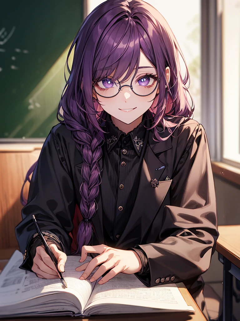 men's,single braid hair,violet colored hair,(Eye 1:2,Clear eyes,Elaborate Eyes,Delicate pupils,Good eyes,eye detailed),Face Focus,Adult,In black suit,best qualtiy,facial detailing,Classroom,sit on desk,sitting in the couch,lazy,Detailed background,diffuse sunlight,depth of fields,Studying Smiling at your desk, violet eyes,black gloves, round glasses, long sleeves,violet hair, smile,