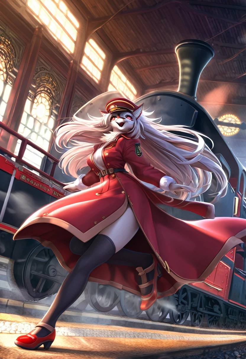 a kemono wolf woman, train driver, long flowing hair, wearing a red train driver's hat, red coat, black overalls, white gloves, black stockings, red shoes, controlling a steam train, happy, highly detailed,HDR, 8k, masterpiece, intricate details, dynamic lighting, vibrant colors, cinematic composition, dramatic atmosphere, train station, detailed facial features, piercing eyes, expressive emotions, striking pose, dynamic action