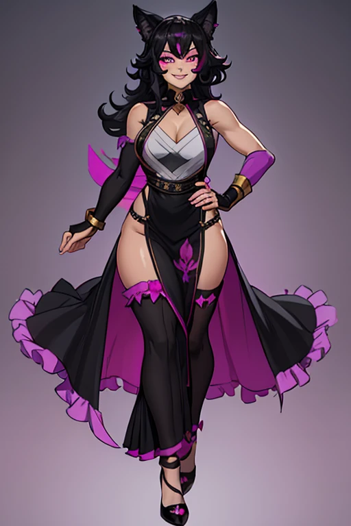 female, black long hair with magenta trim, silver eyes, wolf ears, wolf tail, (((1girl))), (((black regal dress with magenta trim))), (black skirt), (black fingerless opera gloves), (black stockings), (magenta heels), (gold jewelry), (gold bracelets), cute and sexy, full body, large breasts, long legs, smiling