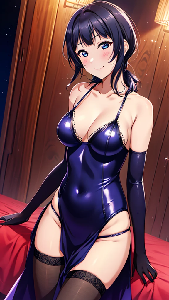 night、lovelive Asaka fruit forest、Black Background、Evil background、Hotel Bedroom、Sensual pink light、A shiny navy blue rubber suit that wraps around the body、tall、Upper Body、adult、Black long gloves、Upper Body、Evil female warrior、Fantasy、Condescending smile、Fallen into evil、Fall into Darkness
