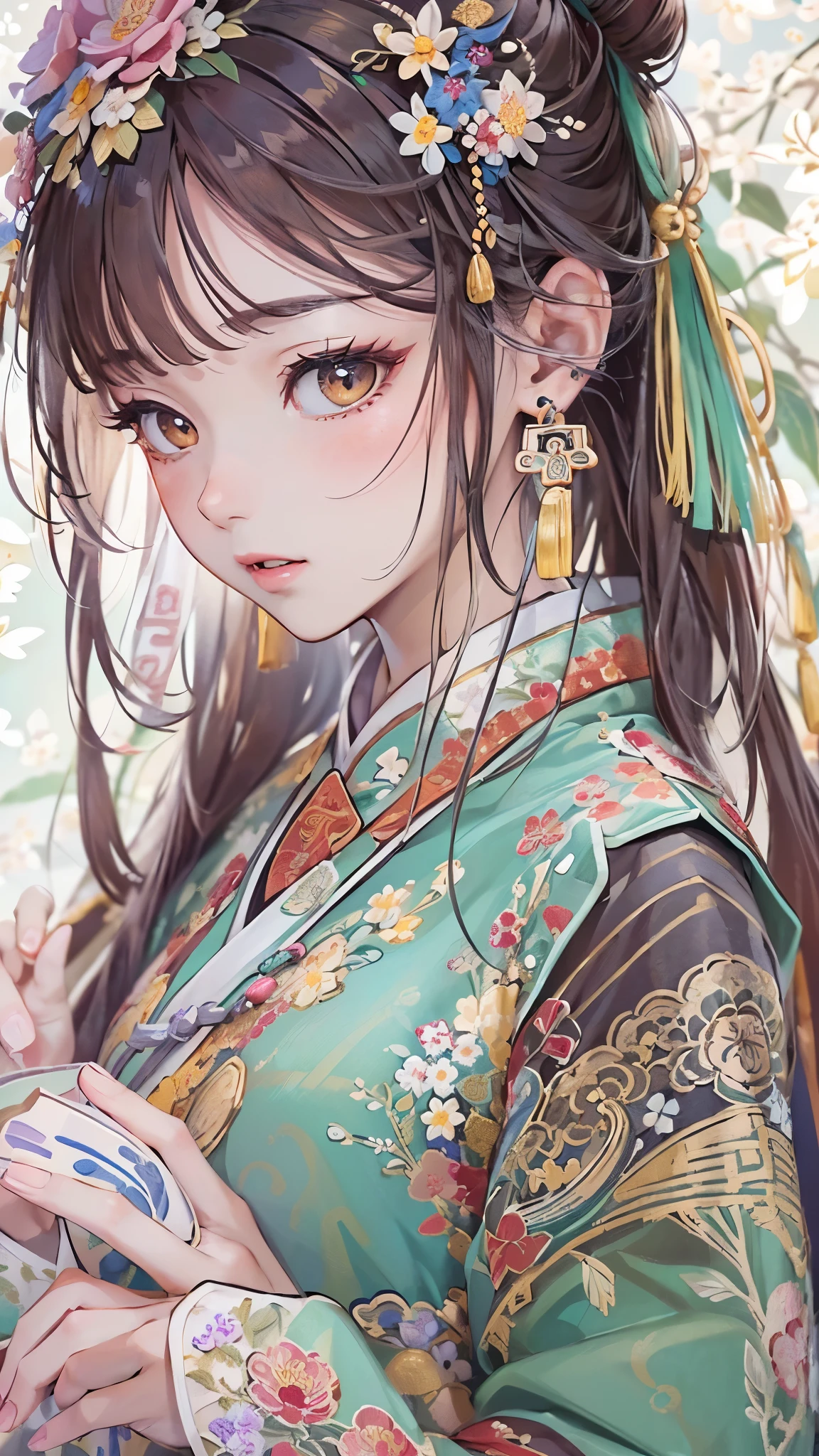 ((Highest quality)),(Ultra-high resolution),(Super detailed),(Detailed Description),((The best CG)),(masterpiece),Highly detailed art,(Art with precise detail:1.5), (Ladies of the Ancient Chinese Dynasty:1.6),(Hu clothing with intricate and detailed floral embroidery:1.6),(Long sleeves fluttering in the wind:1.5), Wind:1.4,