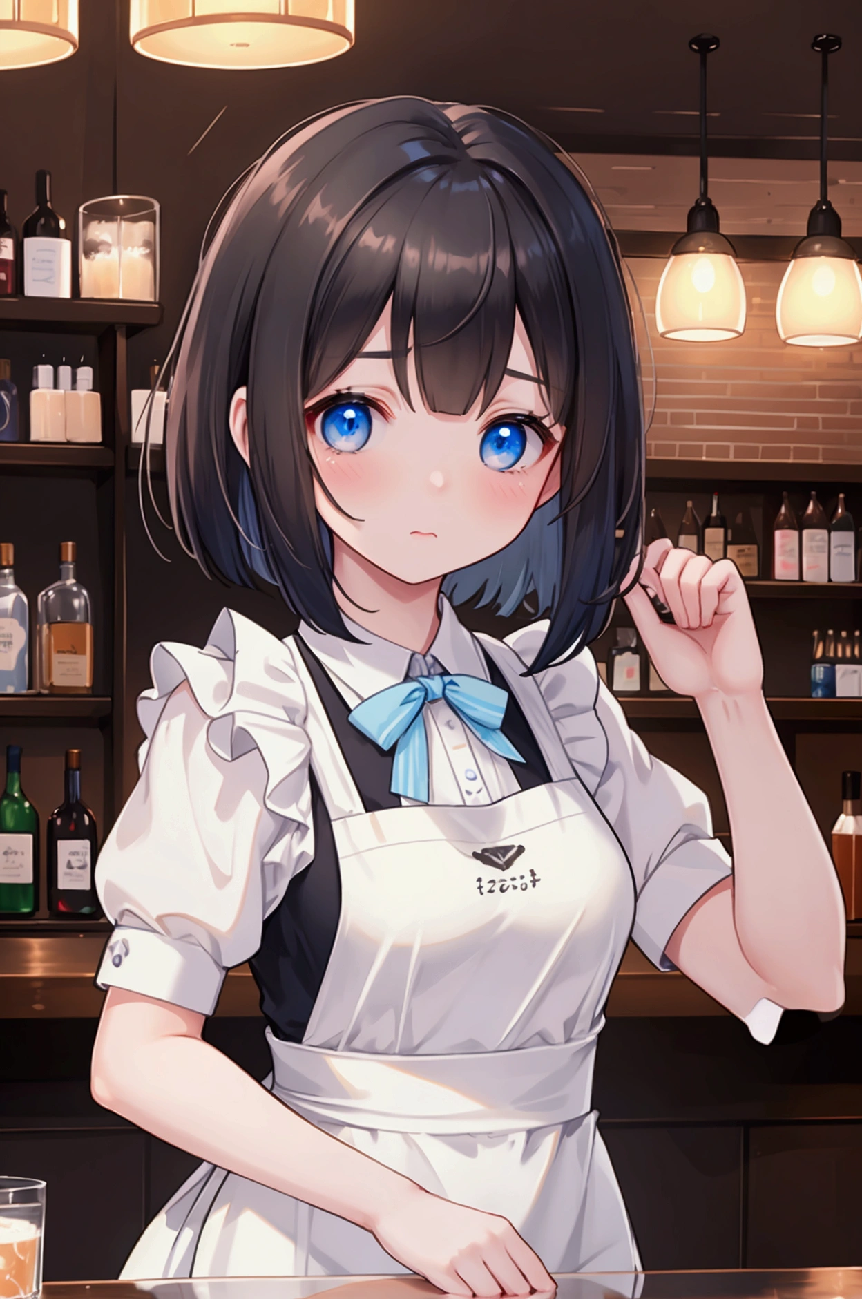 Photorealistic、Highest quality、Highest Resolution、Highest quality、16Ｋ、Beautiful woman working in a bar、Cute face、Delicate face、Bob cut hair、Dark Hair Color、Pale blue eyes、Beautiful breasts、I&#39;m tired、Tired face、Many customers、apron、