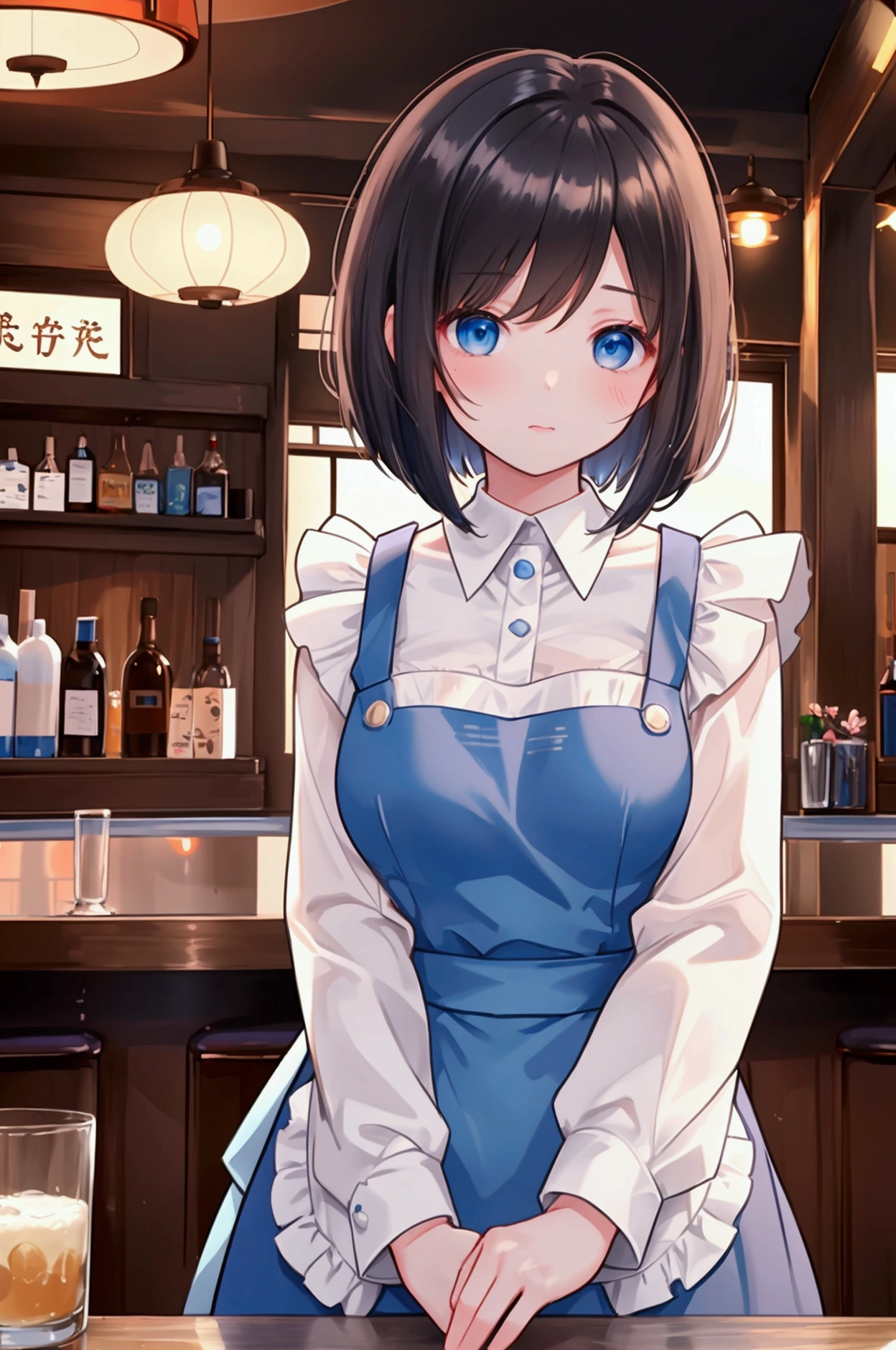 Photorealistic、Highest quality、Highest Resolution、Highest quality、16K、Beautiful woman working in a bar、Cute face、Delicate face、Bob cut hair、Dark Hair Color、Pale blue eyes、Beautiful breasts、I'm tired、Tired face、Many customers、apron、