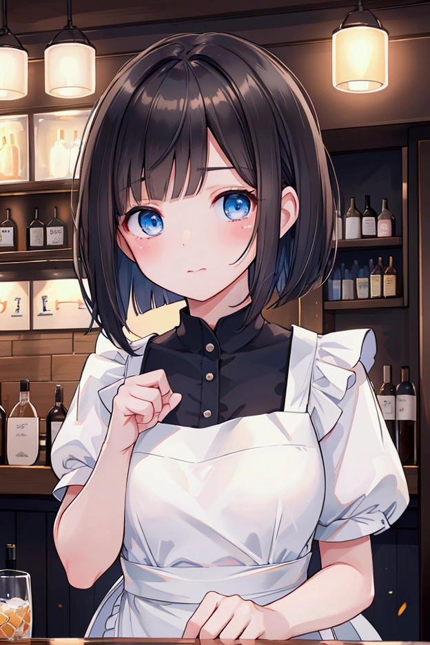 Photorealistic、Highest quality、Highest Resolution、Highest quality、16Ｋ、Beautiful woman working in a bar、Cute face、Delicate face、Bob cut hair、Dark Hair Color、Pale blue eyes、Beautiful breasts、I&#39;m tired、Tired face、Many customers、apron、