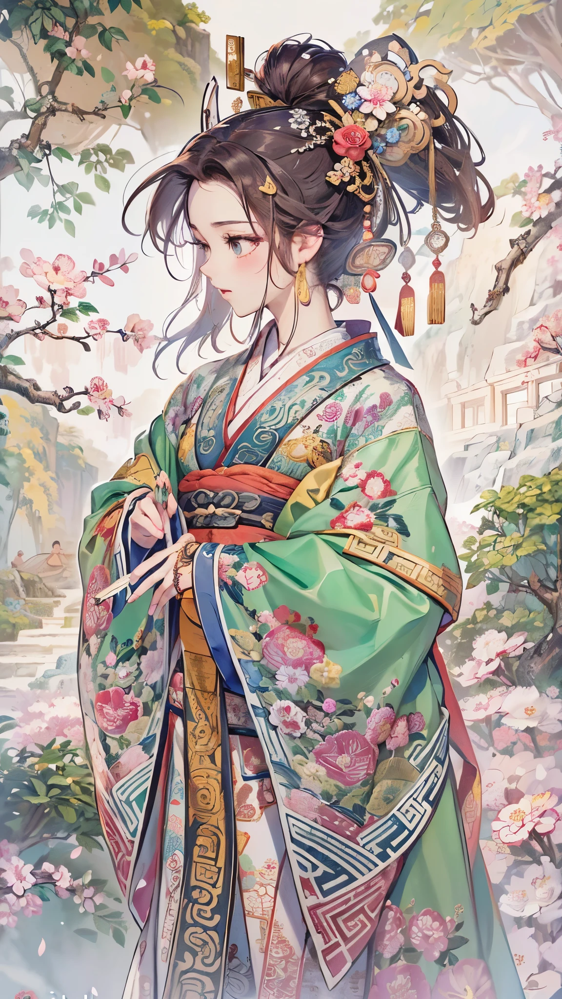 ((Highest quality)),(Ultra-high resolution),(Super detailed),(Detailed Description),((The best CG)),(masterpiece),Highly detailed art,(Art with precise detail:1.5), (Ladies of the Ancient Chinese Dynasty:1.6),(Hu clothing with intricate and detailed floral embroidery:1.6),(Long sleeves fluttering in the wind:1.5), Wind:1.4,