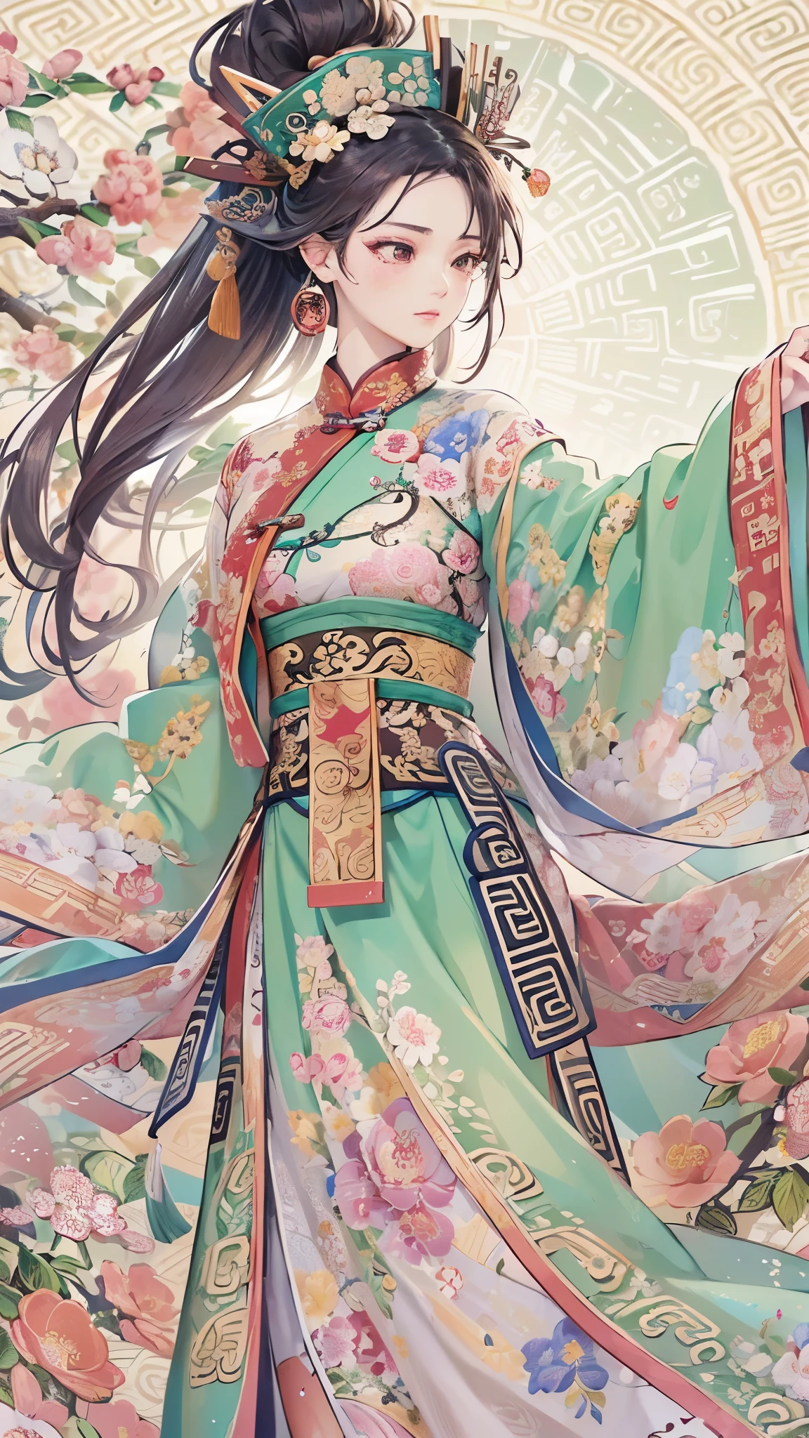 ((Highest quality)),(Ultra-high resolution),(Super detailed),(Detailed Description),((The best CG)),(masterpiece),Highly detailed art,(Art with precise detail:1.5), (Ladies of the Ancient Chinese Dynasty:1.6),(Hu clothing with intricate and detailed floral embroidery:1.6),(Long sleeves fluttering in the wind:1.5), Wind:1.4,