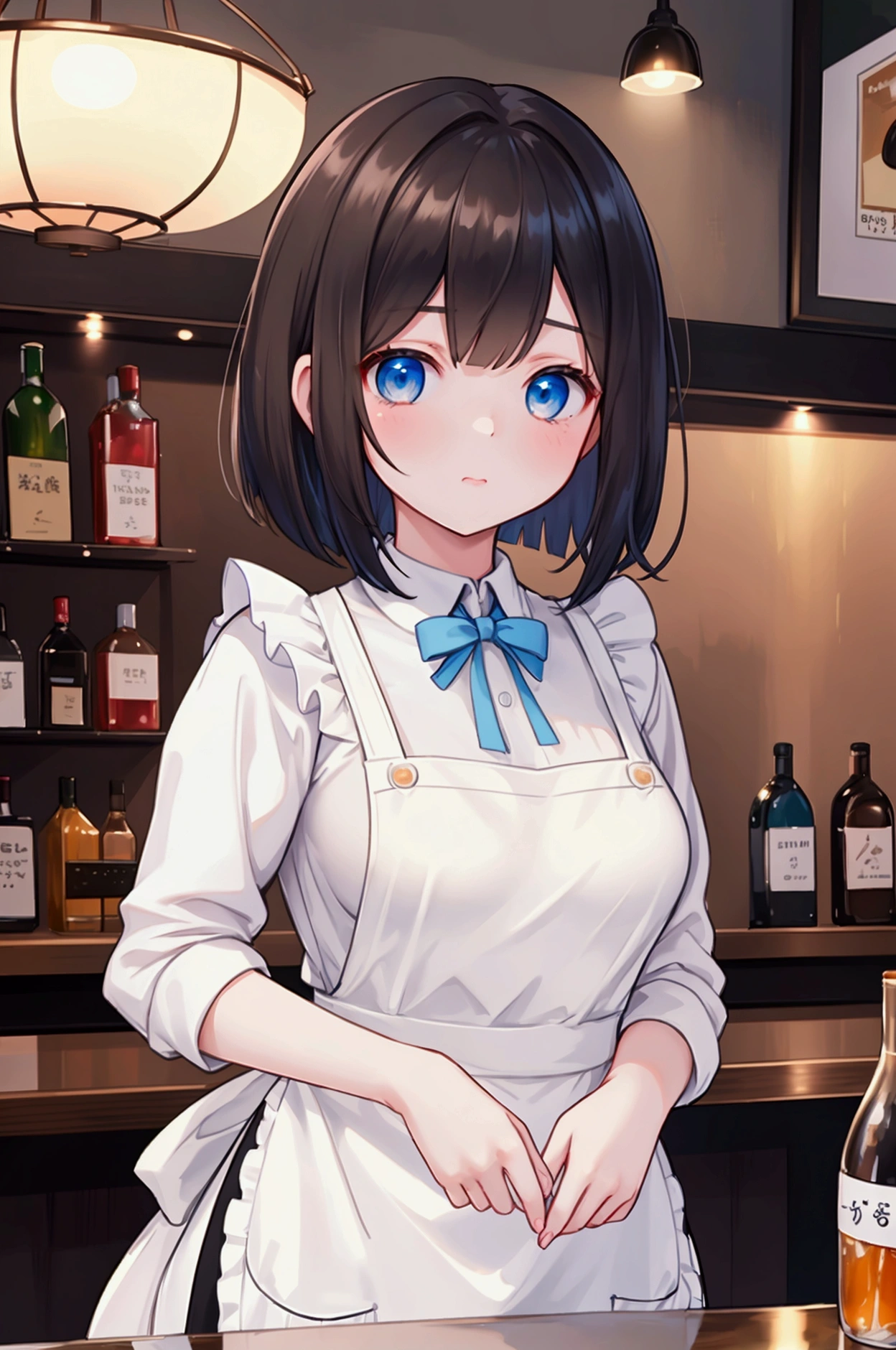 Photorealistic、Highest quality、Highest Resolution、Highest quality、16Ｋ、Beautiful woman working in a bar、Cute face、Delicate face、Bob cut hair、Dark Hair Color、Pale blue eyes、Beautiful breasts、I&#39;m tired、Tired face、Many customers、apron、