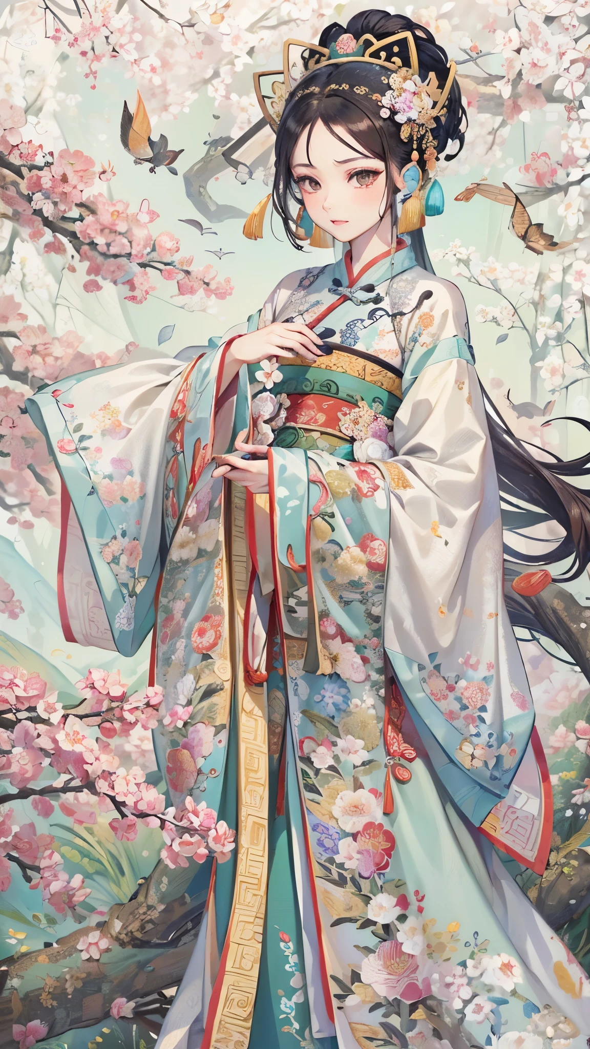 ((Highest quality)),(Ultra-high resolution),(Super detailed),(Detailed Description),((The best CG)),(masterpiece),Highly detailed art,(Art with precise detail:1.5), (Ladies of the Ancient Chinese Dynasty:1.6),(Hu clothing with intricate and detailed floral embroidery:1.6),(Long sleeves fluttering in the wind:1.5), Wind:1.4,