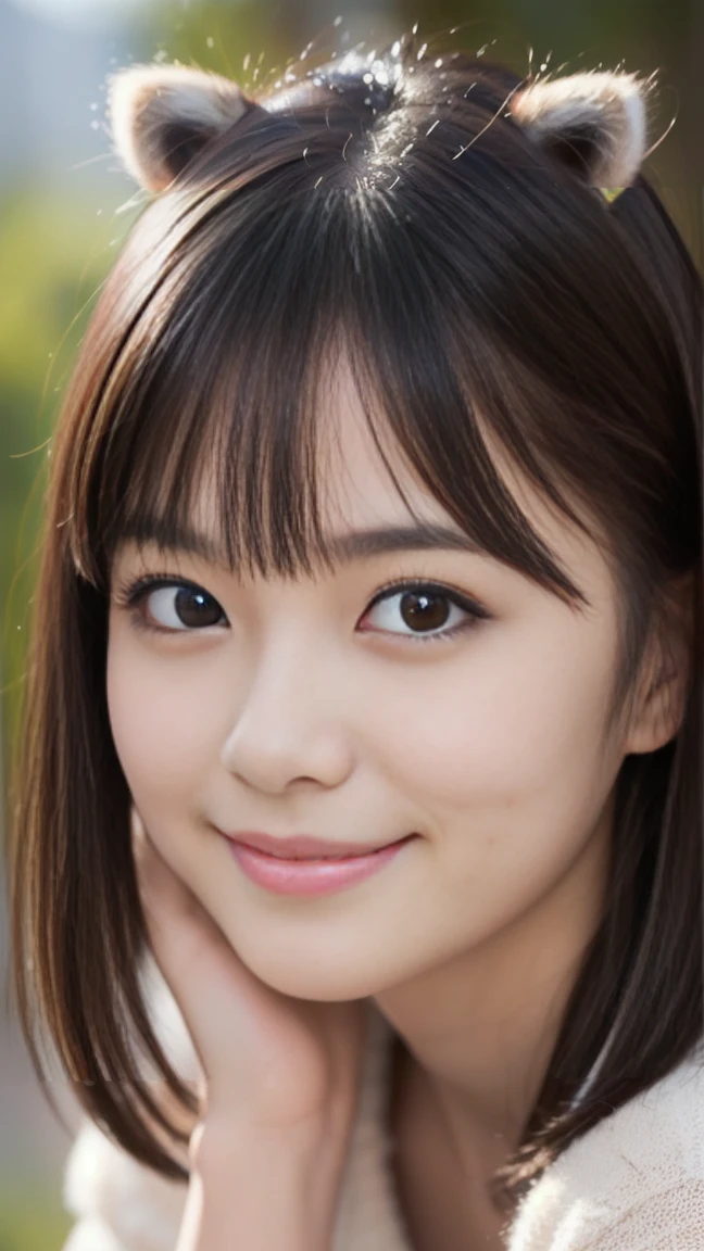Tuesday、((Living with a raccoon:1.5))、（masterpiece）、(Highest quality:1.5)、(Photorealistic:1.2)、(Surreal), (High resolution), (Realistic), (Post-processing),(Sharp focus), Sharp focus:1.2,Backlight, (Improvement of quality:1.4), (Narrow waist)、((Perfectly detailed five-fingered hands)),（Anatomically correct body）、((1 female:1.4))、Japanese、Realistic Skin、（Small chest：1.4）、Bust size is A cup、A pretty woman with a slender figure:1.4,(from the front:1.5), (Enhances the beauty of skin texture:1.1),No makeup、美しいBlack Hair、smile、Natural color lip、(Small Mouth:1.4)、The mouth is not open、Thick lips、(Oval Face)、Even bangs、Hide eyebrows with bangs、((33-year-old woman))、Bob Hair、Hair blowing in the wind, (Black Hair, Iris, Watery eyes, Shining Eyes, Bob cut hair,), Hair behind the ear、No makeup、(Drooping eyes)、(((One lovely woman)),((優しい大きなsmile)),(( Small breasts,Small breastsの谷間)),((((Plump Cheeks)))),very cute,(Baby Face),Raccoon face,