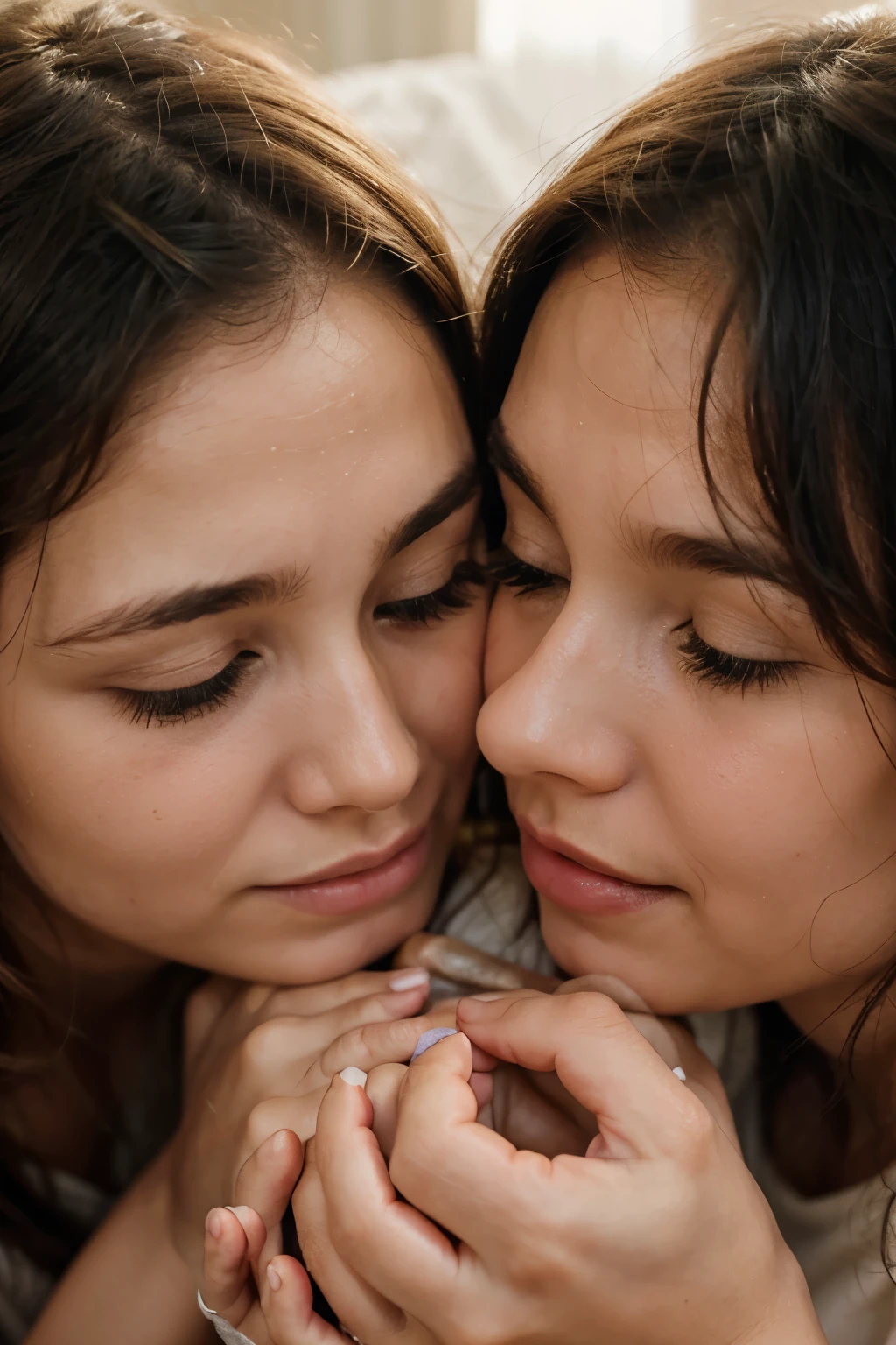 Gentle Embrace: A close-up of a mother’s hands gently brushing away tears from her child's face, showcasing comfort and love.