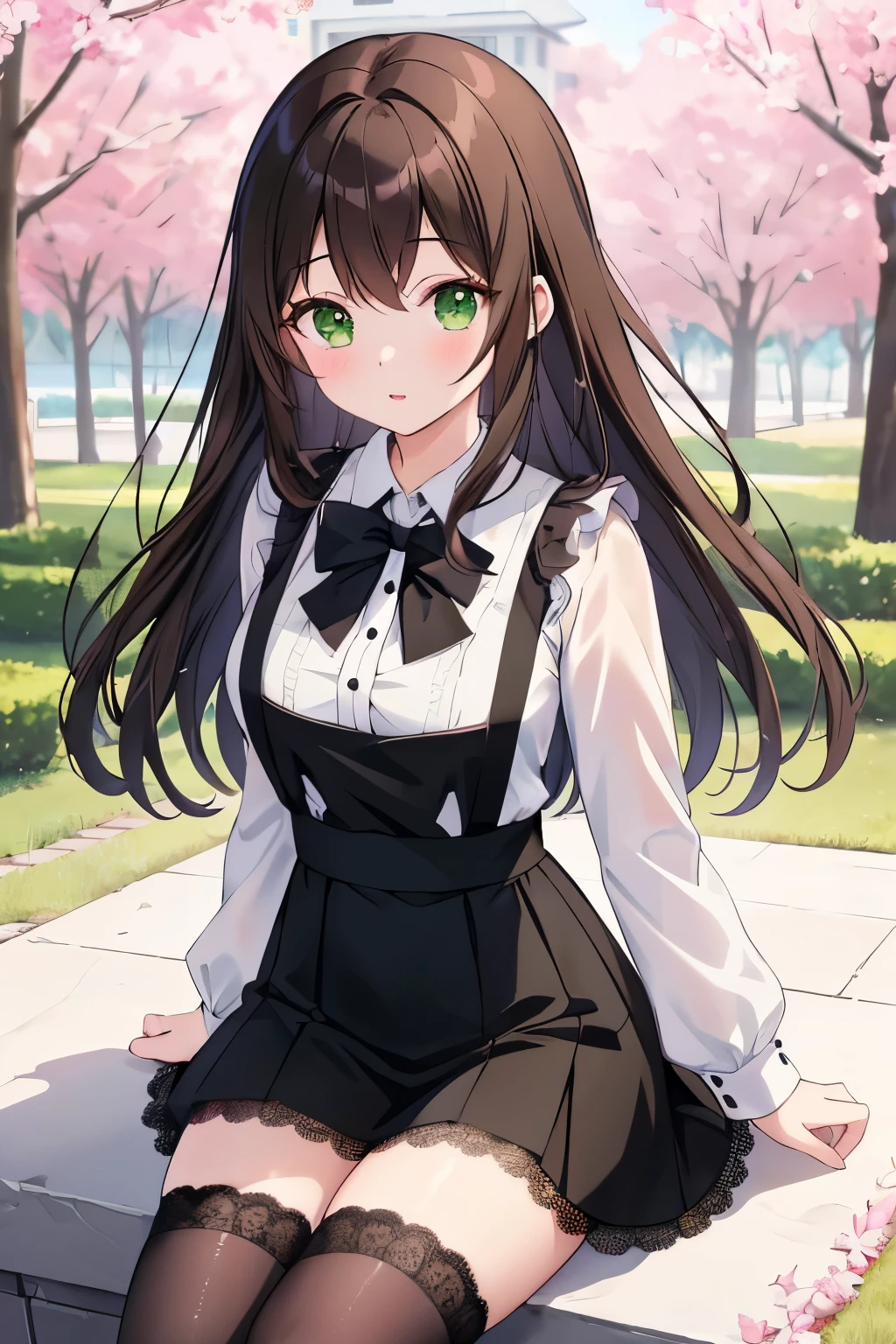((masterpiece, Highest quality, High resolution, 超High resolution, Pixel perfect, Written boundary depth, 4K, RTTX 10.0, High resolution))), 1 girl, single, alone, Beautiful Anime Girls, Beautiful art style, Anime characters, ((Shortcuts, bangs, Dark brown hair)), ((Green Eyes:1.4, Round eyes, Beautiful eyelashes, current eyes)), ((Smooth texture:0.75, Anime CG style)), Medium chest, ((Dynamic Angle, close)), Perfect body, (pretty girl), 1girl, solo, wearing a kawaii fashion outfit, outfit features a pink blouse with black lace trim and a large bow at the collar, The blouse is paired with a black high-waisted skirt with lace-up details, The person is also wearing black knee-high socks with lace tops, The overall look is cute and elegant, Outdoor, wood, Depth of written boundary,