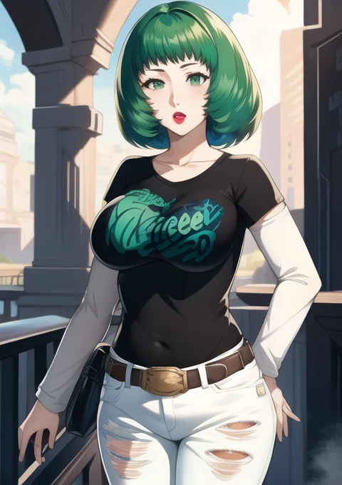 masterpiece, best quality, flayn, green hair, 1girl, solo, standing, black t-shirt, white shirt, jeans, belt, lipstick, large breasts