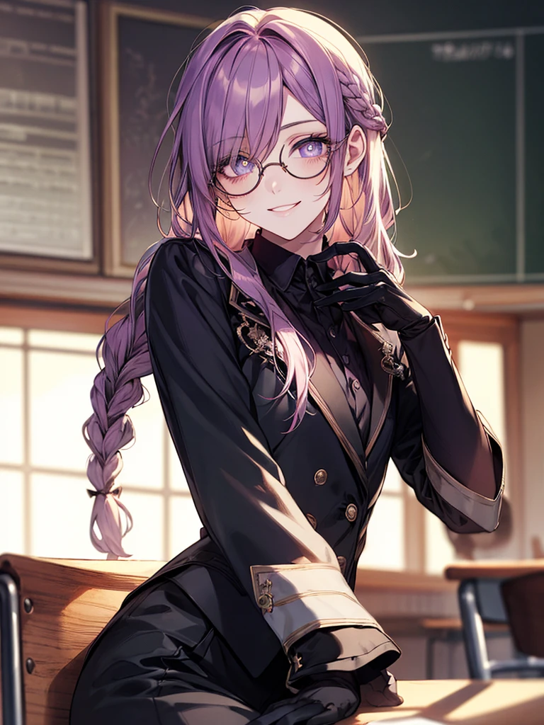men's，single braid hair，violet colored hair，（Eye 1：2，Clear eyes，Elaborate Eyes，Delicate pupils，Good eyes，eye detailed），Face Focus，Adult，In black suit，best qualtiy，facial detailing，‎Classroom，sit on desk，sitting in the couch，lazy，Detailed background，diffuse sunlight，depth of fields，Studying　Smiling at your desk, violet eyes,black gloves, round glasses, long sleeves,violet hair, smile,