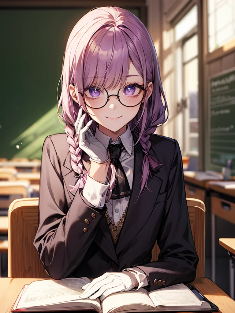 men's,single braid hair,violet colored hair,(Eye 1:2,Clear eyes,Elaborate Eyes,Delicate pupils,Good eyes,eye detailed),Face Focus,Adult,In black suit,best qualtiy,facial detailing,Classroom,sit on desk,sitting in the couch,lazy,Detailed background,diffuse sunlight,depth of fields,Studying Smiling at your desk, violet eyes,black gloves, round glasses, long sleeves,violet hair, smile,
