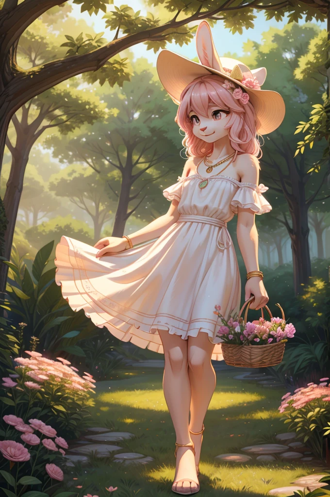 **Prompt:** A beautiful, (masterpiece), high quality, perfect lighting, highly detailed CG Unity 8k wallpaper, high resolution, perfect lighting, youthful, adolescent, tall, slim, skinny, frail slender figure, slim legs, distinctly feminine figure, narrow hips, long legs, close-up shot of a unique female rabbit character. She has soft, creamy white fur with delicate pink undertones, adding a warm and inviting glow to her appearance. Her hair is long, straight, and silky, a pastel pink that cascades down her back with a few playful strands falling over her shoulders. Her eyes are large and expressive, a gentle hazel color with a soft, welcoming gaze.
She is dressed in a charming and whimsical outfit: a light, airy sundress in pastel colors, adorned with floral embroidery and a subtle ruffled hem. The dress features puffed sleeves and a cinched waist, accentuating her slender figure. She wears a wide-brimmed hat decorated with fresh flowers and a ribbon that matches her dress. Her accessories include a delicate gold necklace with a small pendant, a bracelet of tiny charms, and a pair of simple stud earrings. She carries a small wicker basket filled with flowers, adding to her spring-like aura.
The character is posed in a tender, intimate moment, standing on her tiptoes as she reaches up to hang a small garland of flowers on a branch above her. Her expression is one of focused contentment, with a slight, joyful smile. The background is a lush garden filled with vibrant flowers and greenery, with soft sunlight filtering through the leaves, creating a peaceful and idyllic setting that enhances the character's gentle and nurturing vibe.