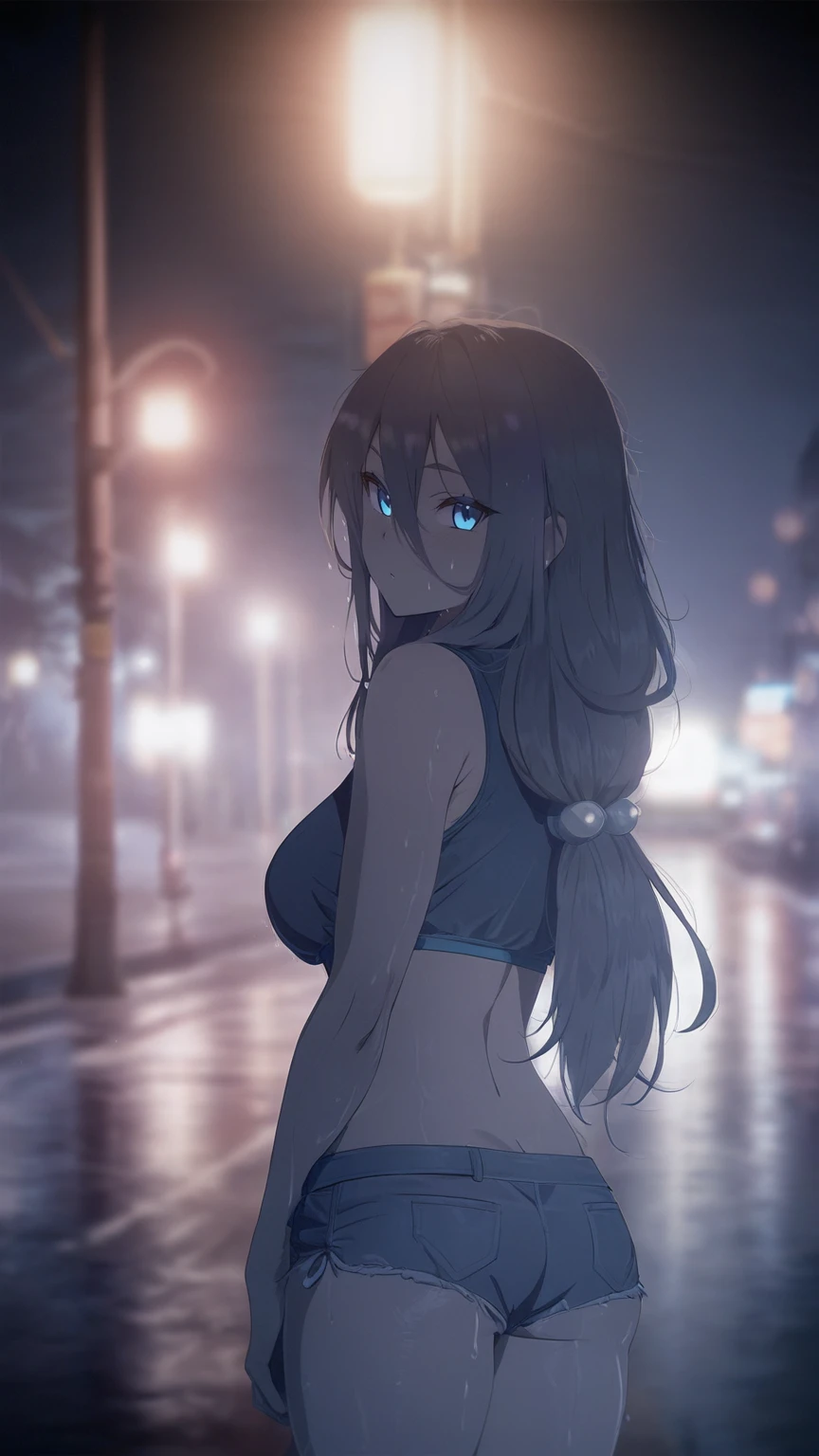 cinematic film, Realistic photograph,
1girl,solo,long hair,Rough skin,(looking at viewer:1.2),wet hair,micro_shorts,dark,polaroid,(depth_of_field:1.5),rainy days,outdoors,street,hair between eyes,moody lighting,Tyndall effect,Cinematic Lighting,night,lamppost,lens flare,available light,rim light,glowing neon lights,curvy,chinese_style,
,shallow depth of field, vignette, highly detailed, high budget, bokeh, cinemascope, moody, epic, gorgeous, film grain, grainy,
