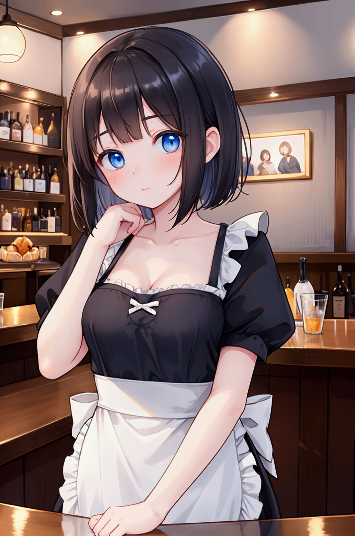 Photorealistic、Highest quality、Highest Resolution、Highest quality、16K、Beautiful woman working in a bar、Cute face、Delicate face、Bob cut hair、Dark Hair Color、Pale blue eyes、Beautiful breasts、I'm tired、Tired face、Many customers、apron、