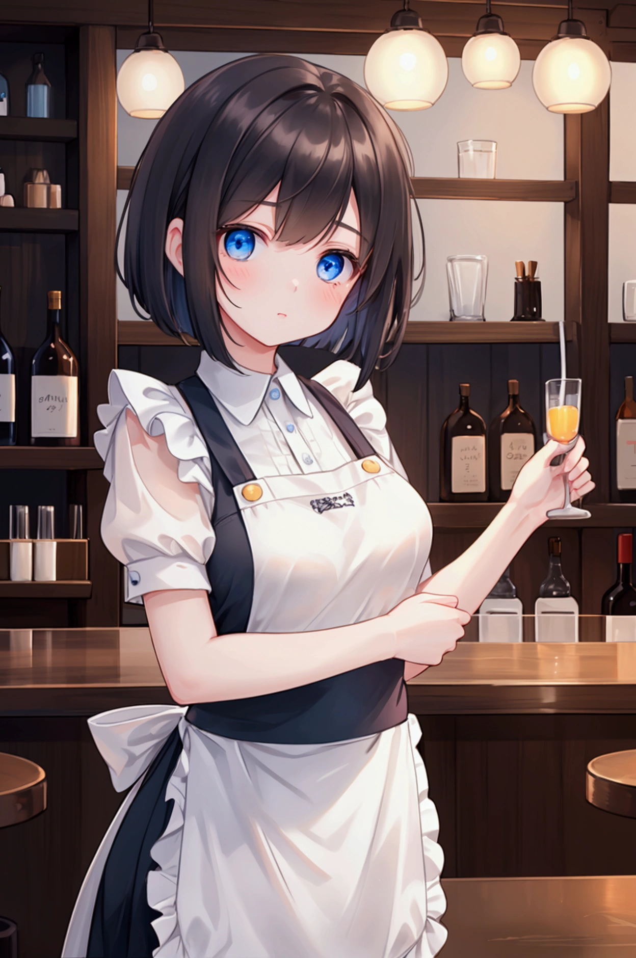 Photorealistic、Highest quality、Highest Resolution、Highest quality、16K、Beautiful woman working in a bar、Cute face、Delicate face、Bob cut hair、Dark Hair Color、Pale blue eyes、Beautiful breasts、I'm tired、Tired face、Many customers、apron、