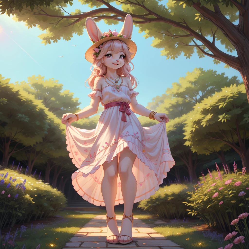 **Prompt:** A beautiful, (masterpiece), high quality, perfect lighting, highly detailed CG Unity 8k wallpaper, high resolution, perfect lighting, youthful, adolescent, tall, slim, skinny, frail slender figure, slim legs, distinctly feminine figure, narrow hips, long legs, close-up shot of a unique female rabbit character. She has soft, creamy white fur with delicate pink undertones, adding a warm and inviting glow to her appearance. Her hair is long, straight, and silky, a pastel pink that cascades down her back with a few playful strands falling over her shoulders. Her eyes are large and expressive, a gentle hazel color with a soft, welcoming gaze.
She is dressed in a charming and whimsical outfit: a light, airy sundress in pastel colors, adorned with floral embroidery and a subtle ruffled hem. The dress features puffed sleeves and a cinched waist, accentuating her slender figure. She wears a wide-brimmed hat decorated with fresh flowers and a ribbon that matches her dress. Her accessories include a delicate gold necklace with a small pendant, a bracelet of tiny charms, and a pair of simple stud earrings. She carries a small wicker basket filled with flowers, adding to her spring-like aura.
The character is posed in a tender, intimate moment, standing on her tiptoes as she reaches up to hang a small garland of flowers on a branch above her. Her expression is one of focused contentment, with a slight, joyful smile. The background is a lush garden filled with vibrant flowers and greenery, with soft sunlight filtering through the leaves, creating a peaceful and idyllic setting that enhances the character's gentle and nurturing vibe.