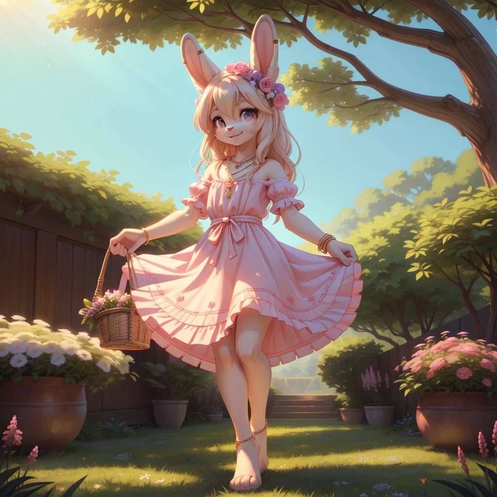 **Prompt:** A beautiful, (masterpiece), high quality, perfect lighting, highly detailed CG Unity 8k wallpaper, high resolution, perfect lighting, youthful, adolescent, tall, slim, skinny, frail slender figure, slim legs, distinctly feminine figure, narrow hips, long legs, close-up shot of a unique female rabbit character. She has soft, creamy white fur with delicate pink undertones, adding a warm and inviting glow to her appearance. Her hair is long, straight, and silky, a pastel pink that cascades down her back with a few playful strands falling over her shoulders. Her eyes are large and expressive, a gentle hazel color with a soft, welcoming gaze.
She is dressed in a charming and whimsical outfit: a light, airy sundress in pastel colors, adorned with floral embroidery and a subtle ruffled hem. The dress features puffed sleeves and a cinched waist, accentuating her slender figure. She wears a wide-brimmed hat decorated with fresh flowers and a ribbon that matches her dress. Her accessories include a delicate gold necklace with a small pendant, a bracelet of tiny charms, and a pair of simple stud earrings. She carries a small wicker basket filled with flowers, adding to her spring-like aura.
The character is posed in a tender, intimate moment, standing on her tiptoes as she reaches up to hang a small garland of flowers on a branch above her. Her expression is one of focused contentment, with a slight, joyful smile. The background is a lush garden filled with vibrant flowers and greenery, with soft sunlight filtering through the leaves, creating a peaceful and idyllic setting that enhances the character's gentle and nurturing vibe.