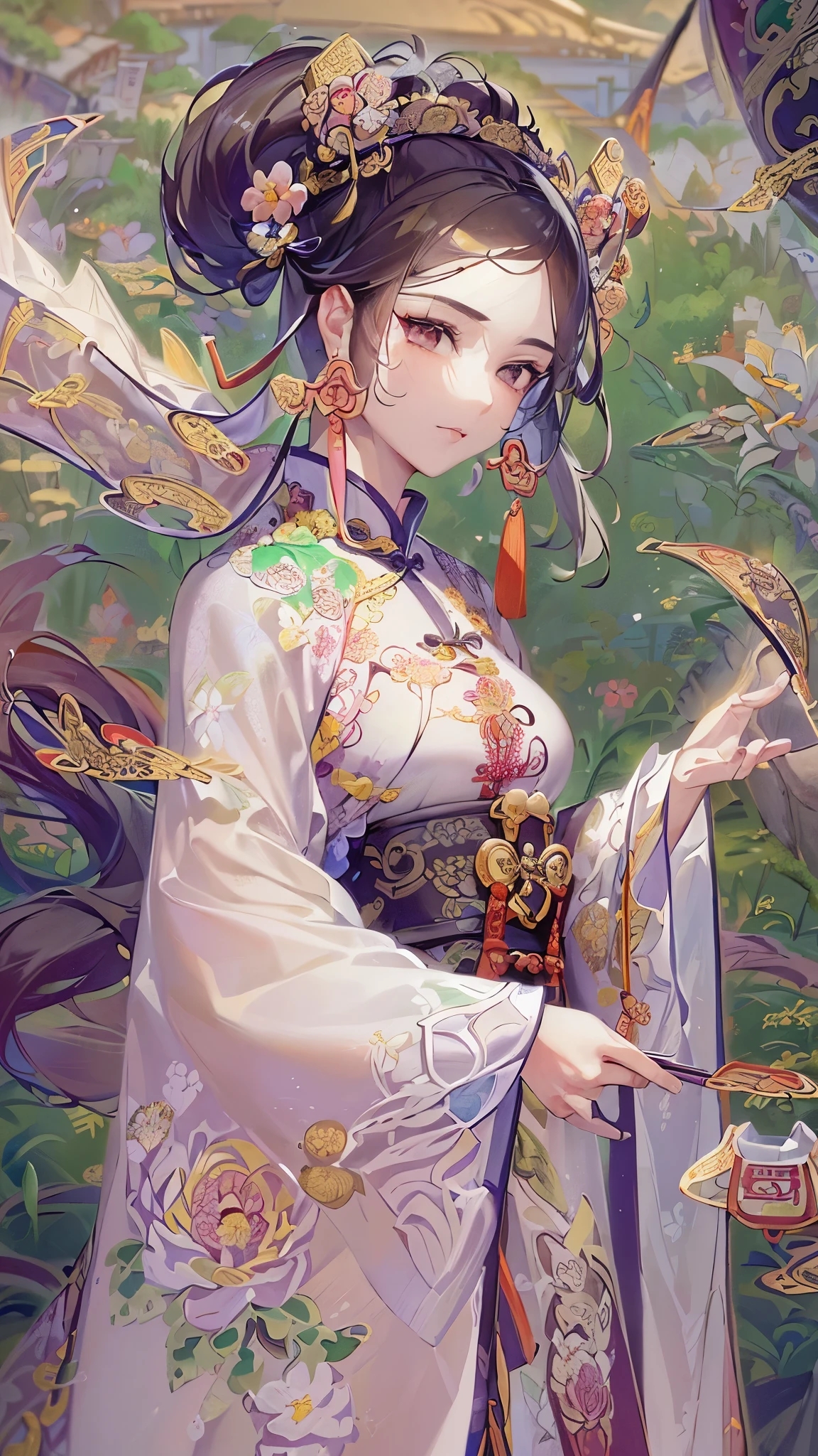 ((Highest quality)),(Ultra-high resolution),(Super detailed),(Detailed Description),((The best CG)),(masterpiece),Highly detailed art,(Art with precise detail:1.5), (Ladies of the Ancient Chinese Dynasty:1.6),(Hu clothing with intricate and detailed floral embroidery:1.6),(Long sleeves fluttering in the wind:1.5), Wind:1.4,