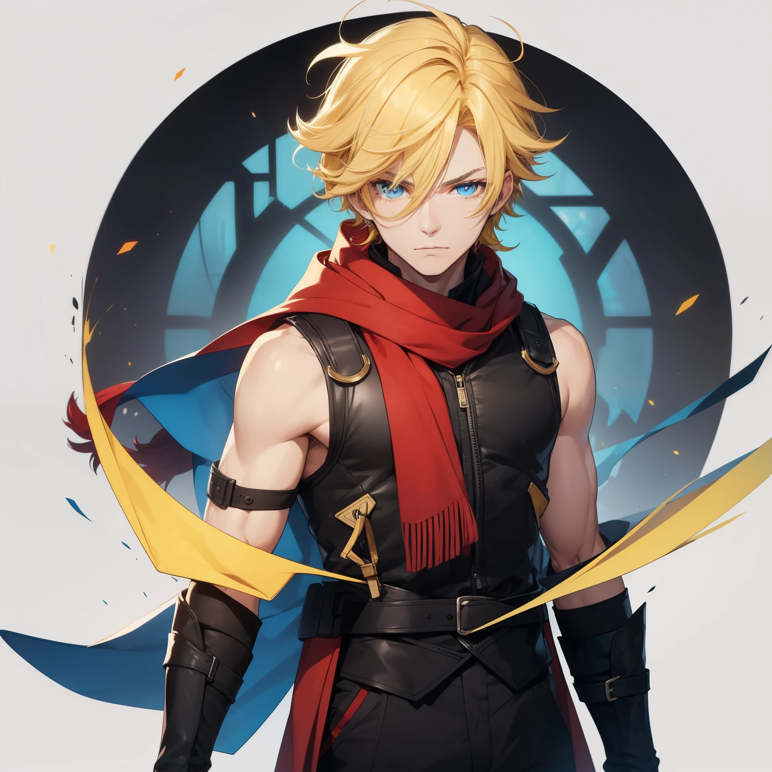 (26 years old), (male), Yellow hair, (Blue eyes), (whisker mark), (wavy hair), red scarf, red vest, sleeveless, black pants, black gloves, slim, up to legs