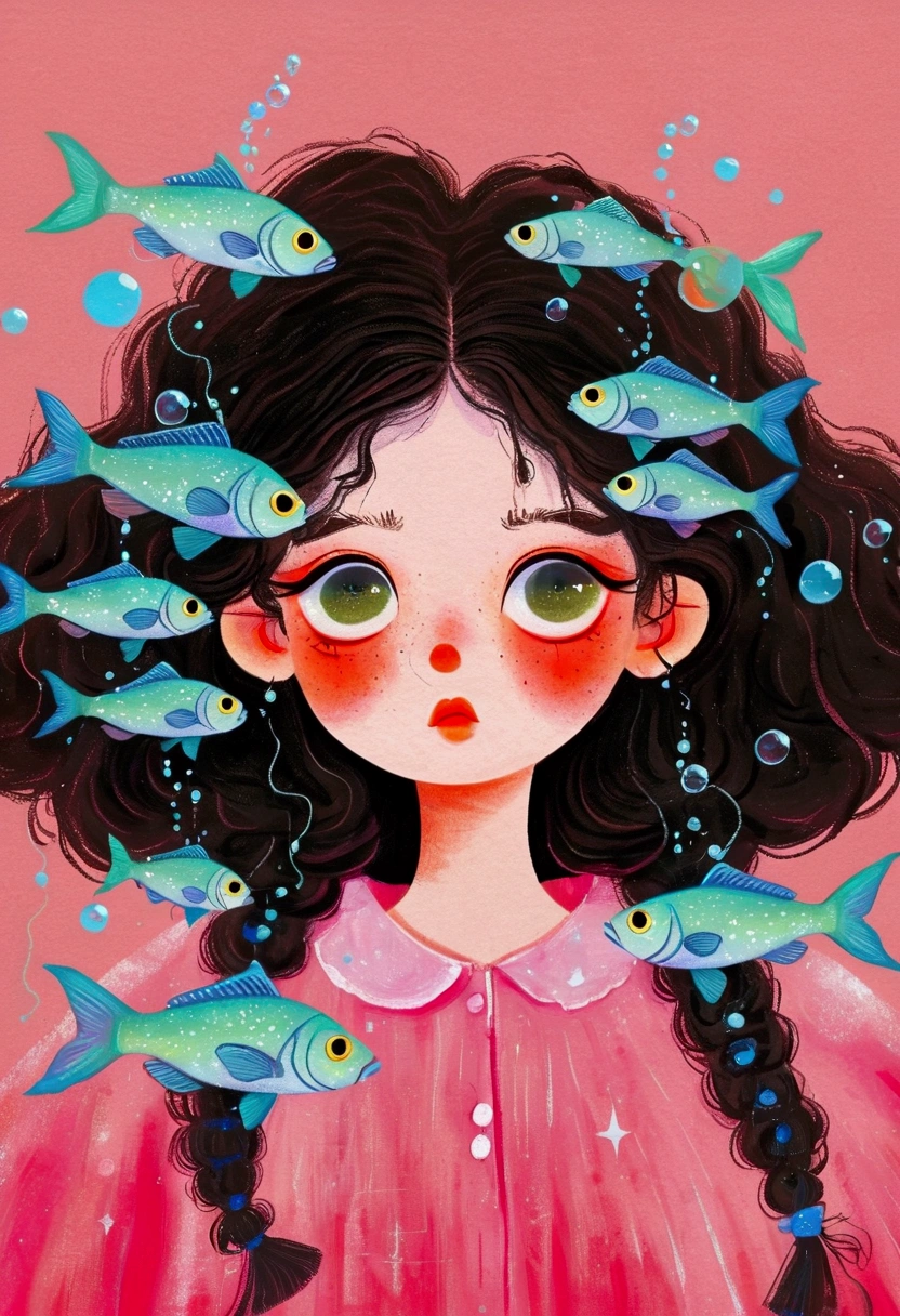 Pastel Art Illustration:A painting of a woman with fish in her hair,Bubbles,big eyes, #10: Fluffy Light Hair,Jin Nong's Surrealism, Winner of the Behance competition, Pop surrealism, Color illustrations, A beautiful artistic illustration, Colorfull illustration, Pop surrealism art style, Digital illustration style, Fantasy illustrations, Illustration Art, Magical surrealism, Digital fantasy illustration, Pop surrealism lowbrow art style,Solid color background