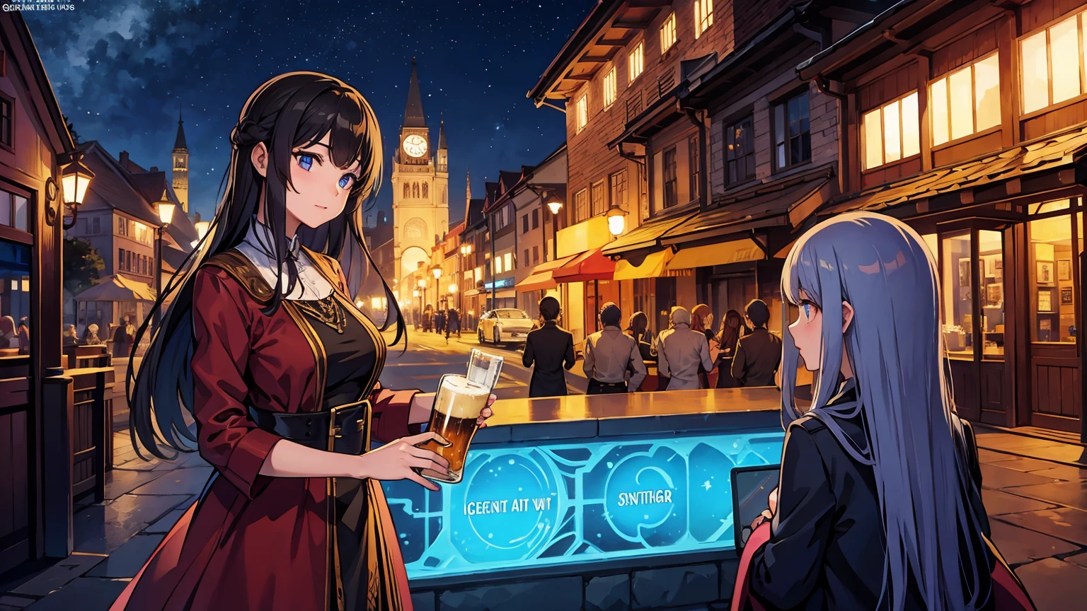 Fantasy World bar drinking beer woman Look this way dress