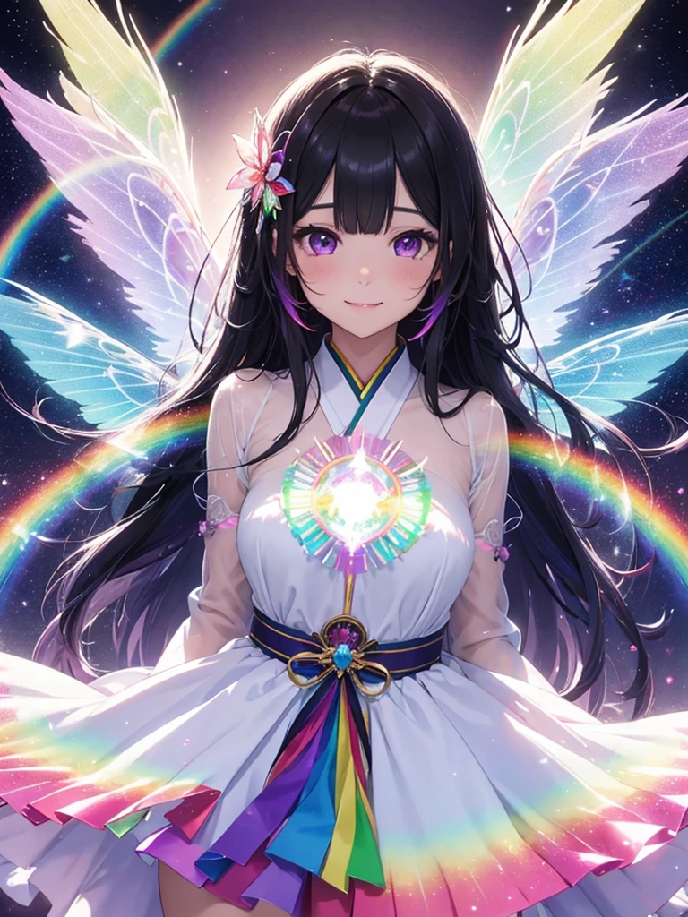 beautiful double Rainbows Sky, fairy, smile, rainbow-colored, transparent bird wings, blessing, delicate facial features, magical aura, floating in mid-air, feminine Japanese long black hair and purple eyes ethereal, sparkling furisode, vibrant colors, soft lighting, big boll energia, roupa transparente, vestido transparente