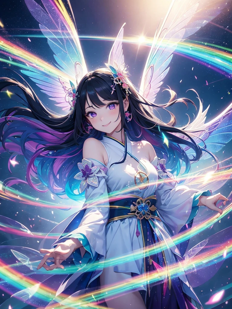 beautiful double Rainbows Sky, fairy, smile, rainbow-colored, transparent bird wings, blessing, delicate facial features, magical aura, floating in mid-air, feminine Japanese long black hair and purple eyes ethereal, sparkling furisode, vibrant colors, soft lighting, big boll energia, roupa transparente, vestido transparente