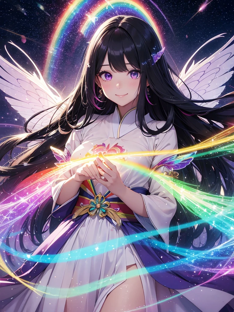 beautiful double Rainbows Sky, fairy, smile, rainbow-colored, transparent bird wings, blessing, delicate facial features, magical aura, floating in mid-air, feminine Japanese long black hair and purple eyes ethereal, sparkling furisode, vibrant colors, soft lighting, big boll energia, roupa transparente, vestido transparente