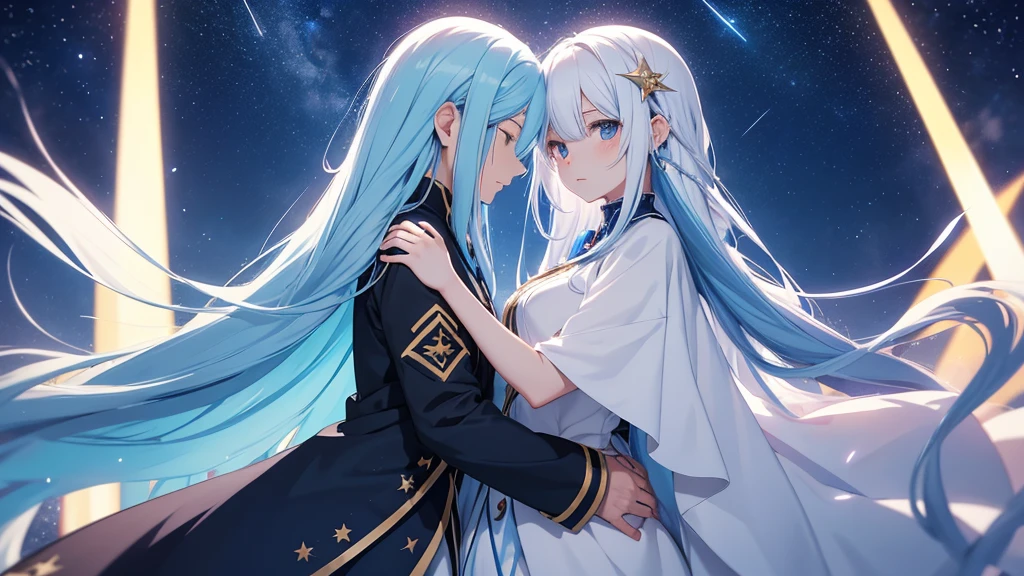 4K anime girl long white hair girl and the blue haired man They were embracing each other under the shining moonlight. Surrounded by stars and shooting stars Sharp images at Full HD 8K level, sharp details, beautiful images.