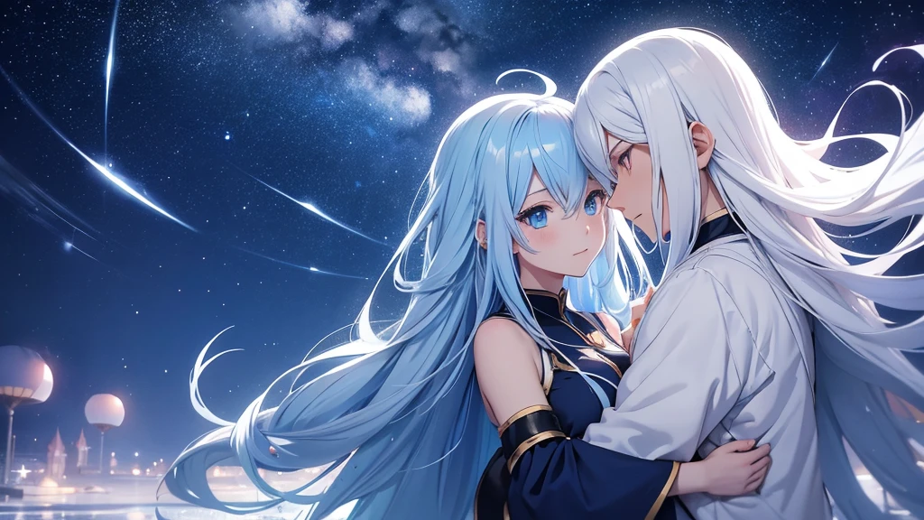 4K anime girl long white hair girl and the blue haired man They were embracing each other under the shining moonlight. Surrounded by stars and shooting stars Sharp images at Full HD 8K level, sharp details, beautiful images.