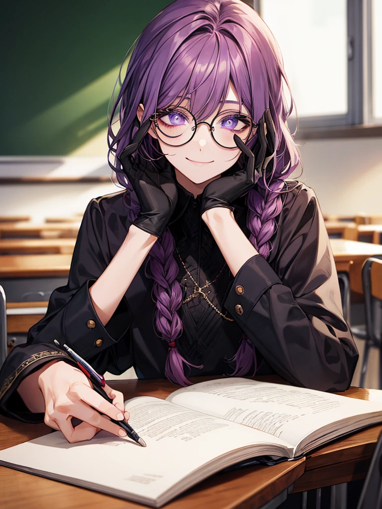 men's,single braid hair,violet colored hair,(Eye 1:2,Clear eyes,Elaborate Eyes,Delicate pupils,Good eyes,eye detailed),Face Focus,Adult,In black suit,best qualtiy,facial detailing,Classroom,sit on desk,sitting in the couch,lazy,Detailed background,diffuse sunlight,depth of fields,Studying Smiling at your desk, violet eyes,black gloves, round glasses, long sleeves,violet hair, smile,