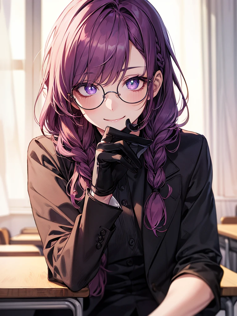 men's，single braid hair，violet colored hair，（Eye 1：2，Clear eyes，Elaborate Eyes，Delicate pupils，Good eyes，eye detailed），Face Focus，Adult，In black suit，best qualtiy，facial detailing，‎Classroom，sit on desk，sitting in the couch，lazy，Detailed background，diffuse sunlight，depth of fields，Studying　Smiling at your desk, violet eyes,black gloves, round glasses, long sleeves,violet hair, smile,