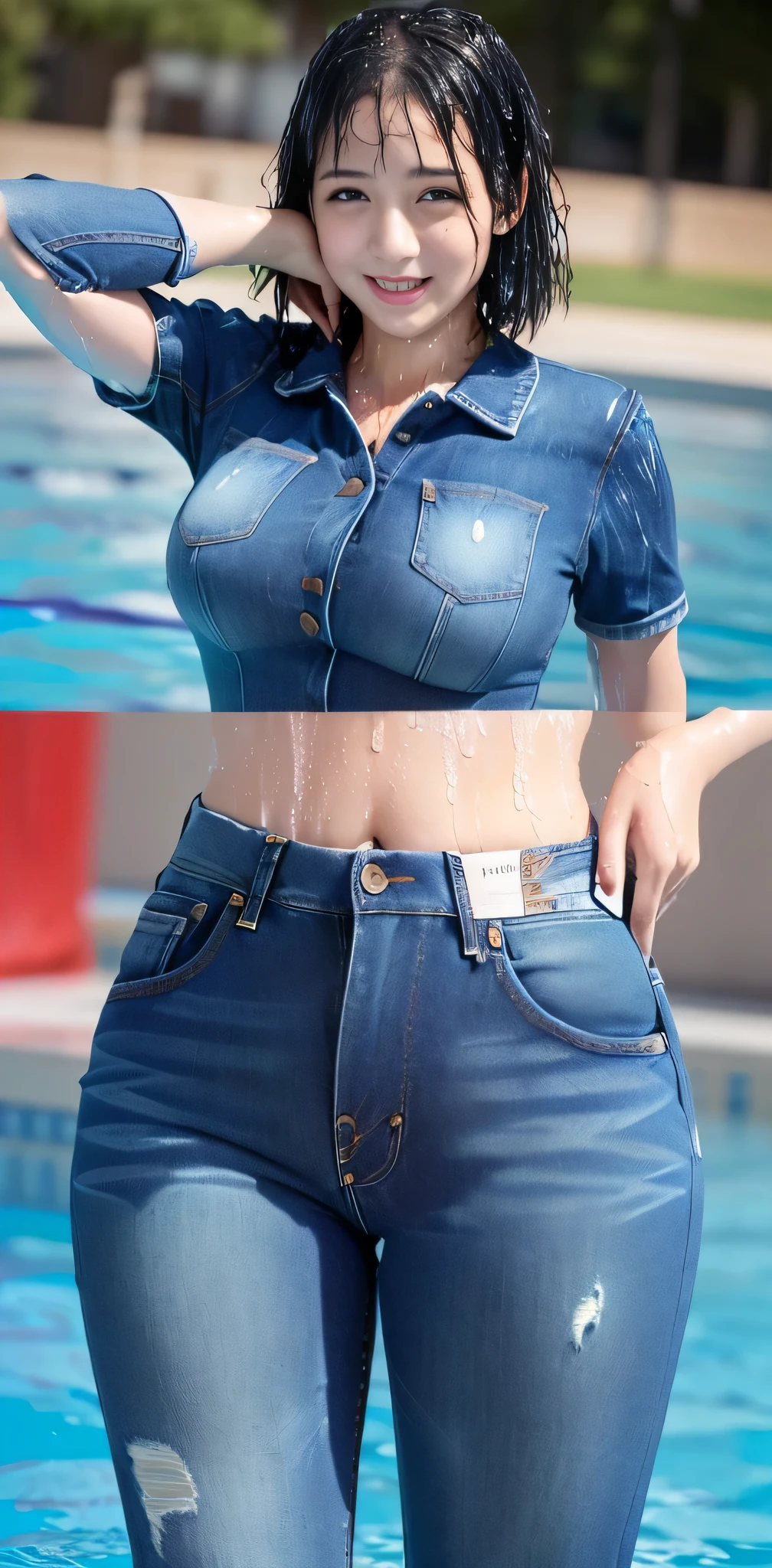 (Huge outdoor swimming pool),NSFW at Night:1.45（Highest quality,8k,RAW Photos,Realistic,High resolution:1.2),(Voluptuous chubby Japanese mother）(Big  bigger than her face:1.99),Oily skin,(Polo shirt),Erotic jeans pants,((Are sexually aroused)),((Erotically embarrassing)),(((Erotically Embarrassed))),Upper Body ,(Tight fit),,(((Sexy moans)),Intense and obscene photography of huge breasts,,Look at this,huge breasts close up,short hair,Sexy grin,In the pool、 ((((Semen-soaked jeans crotch))))