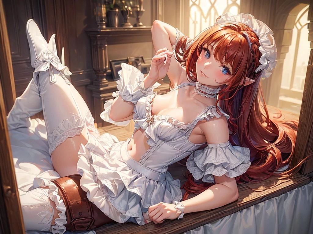 (((top-quality, masterpiece))), (best quality), (detailed), (((one young girl))), (solo girl), (wooden elfe girl), happy, charming, smiling, ((highly detailed beautiful face)), delicate girl, delicate face, ((red hair)), long hair, braids, bleu eyes, dark look, focused, ((small breasts)), nice hips, flat belly, slim waist, define collarbone, (((sofisticated and detailed white top with frills))), (((her clothes are torn to shreds))), (((transparent white mini skirt with frills))), (((lace lingerie))), sexy laces top, (deep cleavage), (((long brown leather boots))), (chocker), sexy pose, cinematic shadow, sweet forest atmoshpere,