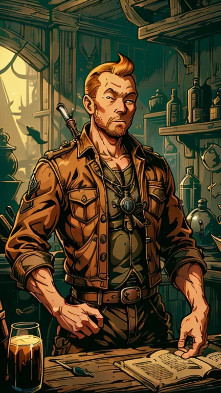 (1man, Tintin), (extremely detailed CG unit 8k wallpaper),(master part), (best quality), (ultra detail), (best illustration),(style of Dan Mumford), cowboy shot, (Sharp eyeliner, ombre, detail eyes:1), dark tavern interiors background, ,break , (salvagepirateworld), upper body,