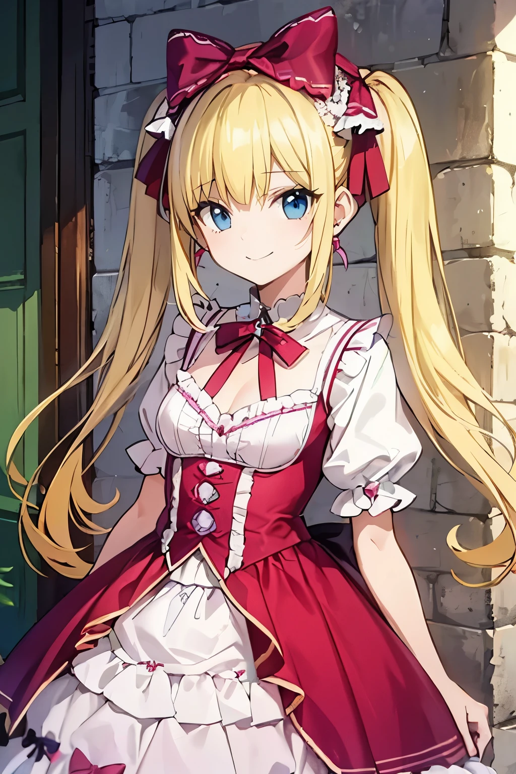 Safe for work, masterpiece, best quality, solo, 1 girl,  cute girl, wholesome girl, (young female body:1.4), ( medium small breasts), cowboy shot, shy smile, flustered, yellow hair, thick wavy hair, extra long hair, hime cut, very blunt bangs, light blue eyes, detailed eyes, outside, lolita fashion, dark pink red lolita dress, pigtails, cozy background, hot pink lolita dress, ribbons, bows