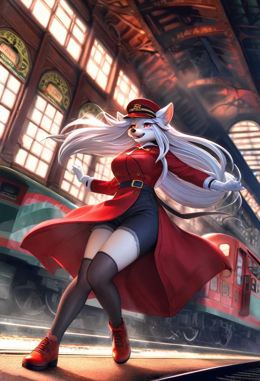 a kemono wolf woman, train driver, long flowing hair, wearing a red train driver's hat, red coat, black overalls, white gloves, black stockings, red shoes, controlling a steam train, happy, highly detailed,HDR, 8k, masterpiece, intricate details, dynamic lighting, vibrant colors, cinematic composition, dramatic atmosphere, train station, detailed facial features, piercing eyes, expressive emotions, striking pose, dynamic action