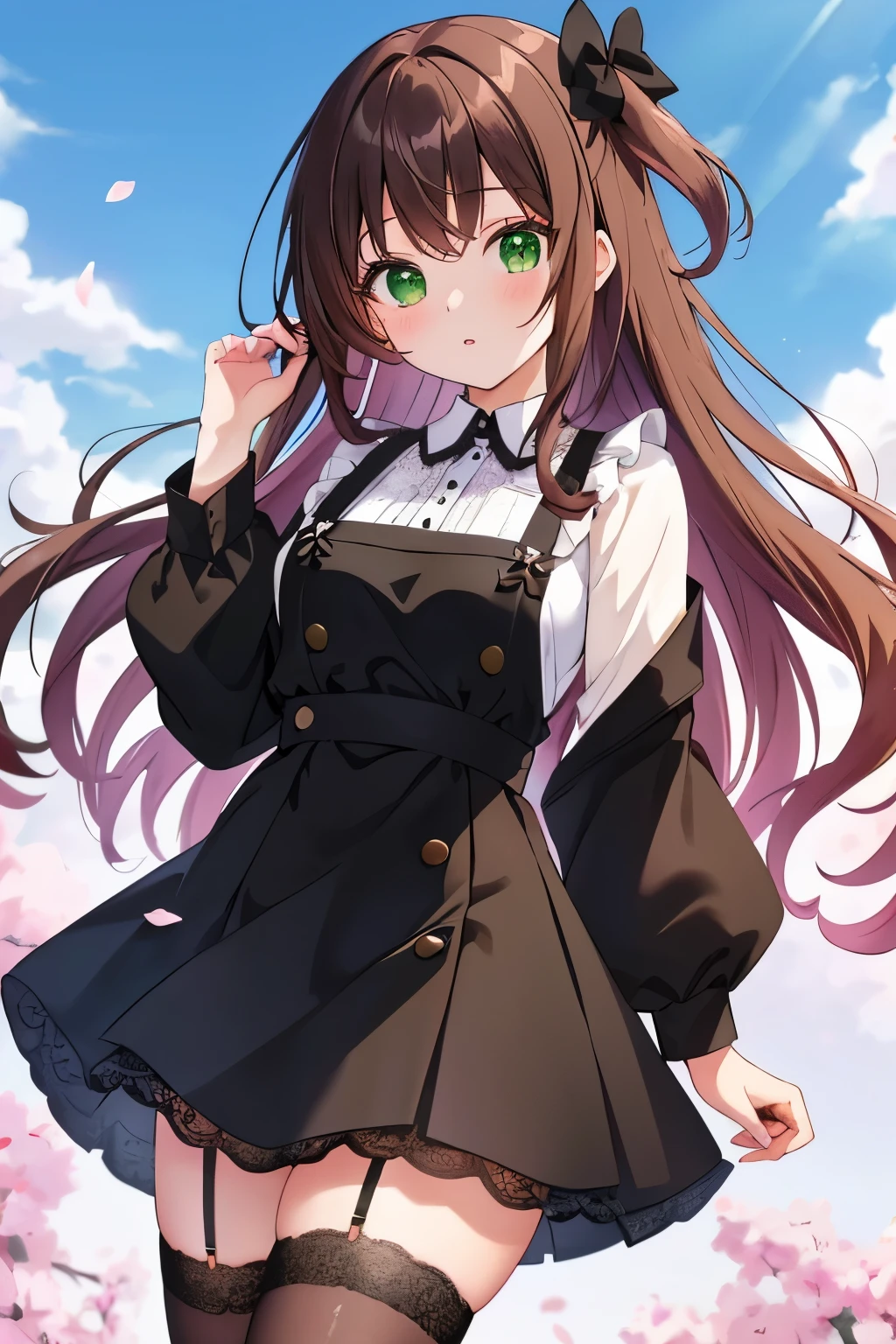 ((masterpiece, Highest quality, High resolution, 超High resolution, Pixel perfect, Written boundary depth, 4K, RTTX 10.0, High resolution))), 1 girl, single, alone, Beautiful Anime Girls, Beautiful art style, Anime characters, ((Shortcuts, bangs, Dark brown hair)), ((Green Eyes:1.4, Round eyes, Beautiful eyelashes, current eyes)), ((Smooth texture:0.75, Anime CG style)), Medium chest, ((Dynamic Angle, close)), Perfect body, (pretty girl), 1girl, solo, wearing a kawaii fashion outfit, outfit features a pink blouse with black lace trim and a large bow at the collar, The blouse is paired with a black high-waisted skirt with lace-up details, The person is also wearing black knee-high socks with lace tops, The overall look is cute and elegant, Outdoor, wood, Depth of written boundary,
