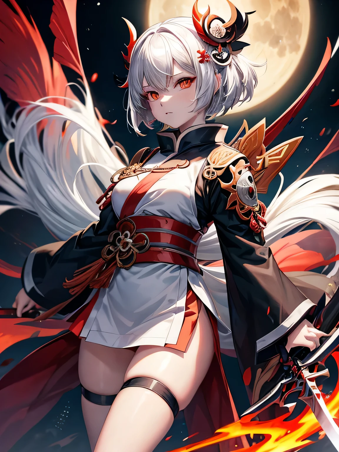 anime girl with white short hair, wearing horns, with sword and blood splattered on her face, red combination shirt, black and a little white, right eye is red, left eye is orange, Onmyoji detailed art, Onmyoji, demon anime girl, Demon Slayer Artstyle, badass anime 8 k, mika kurai demon, Onmyoji portrait, trending on artstation pixiv, by Shitao, demon slayer rui fanart, anime art wallpaper 8 k, from arknights,  whole body, moon background 