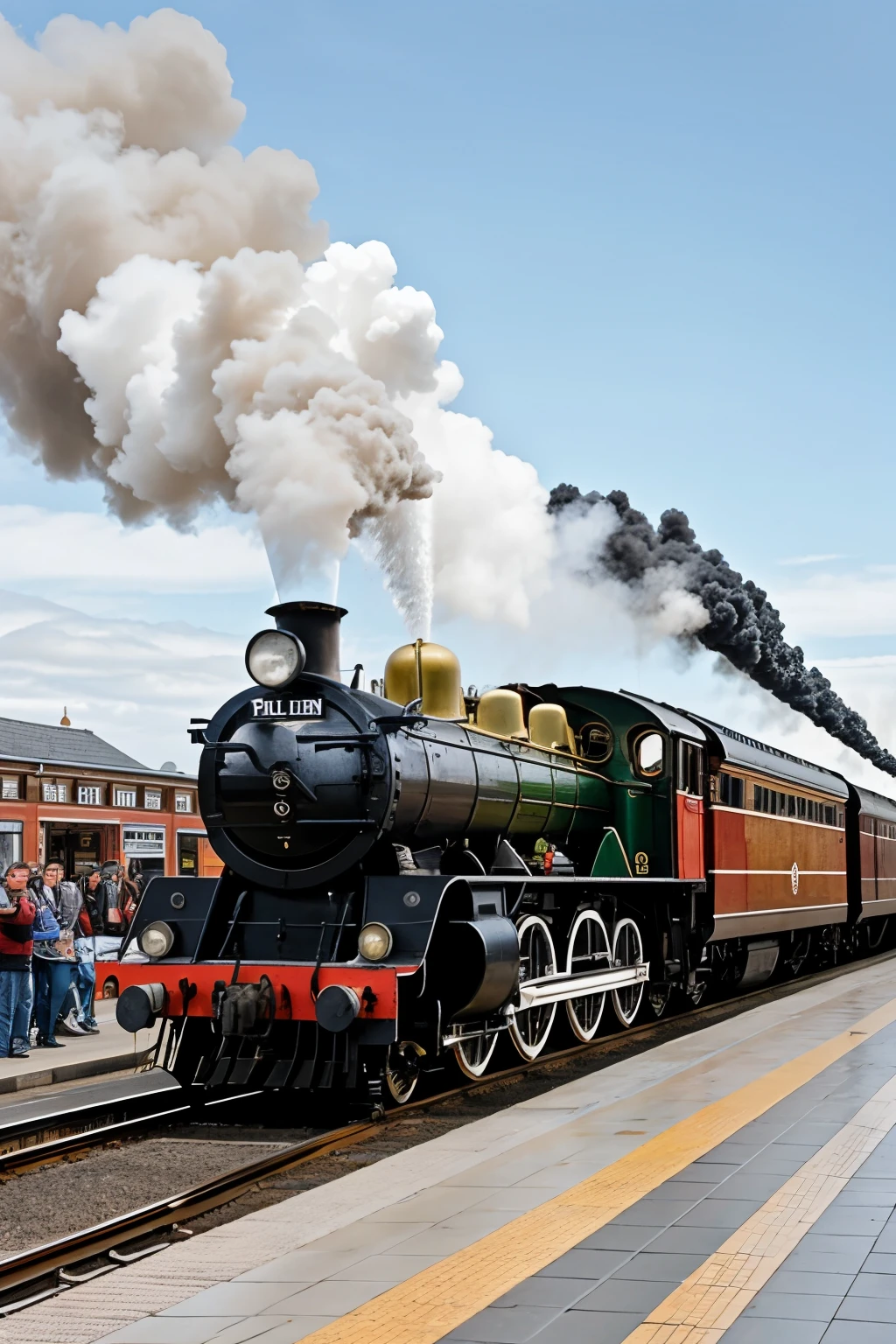 a steam locomotive at full speed passes through a railway station