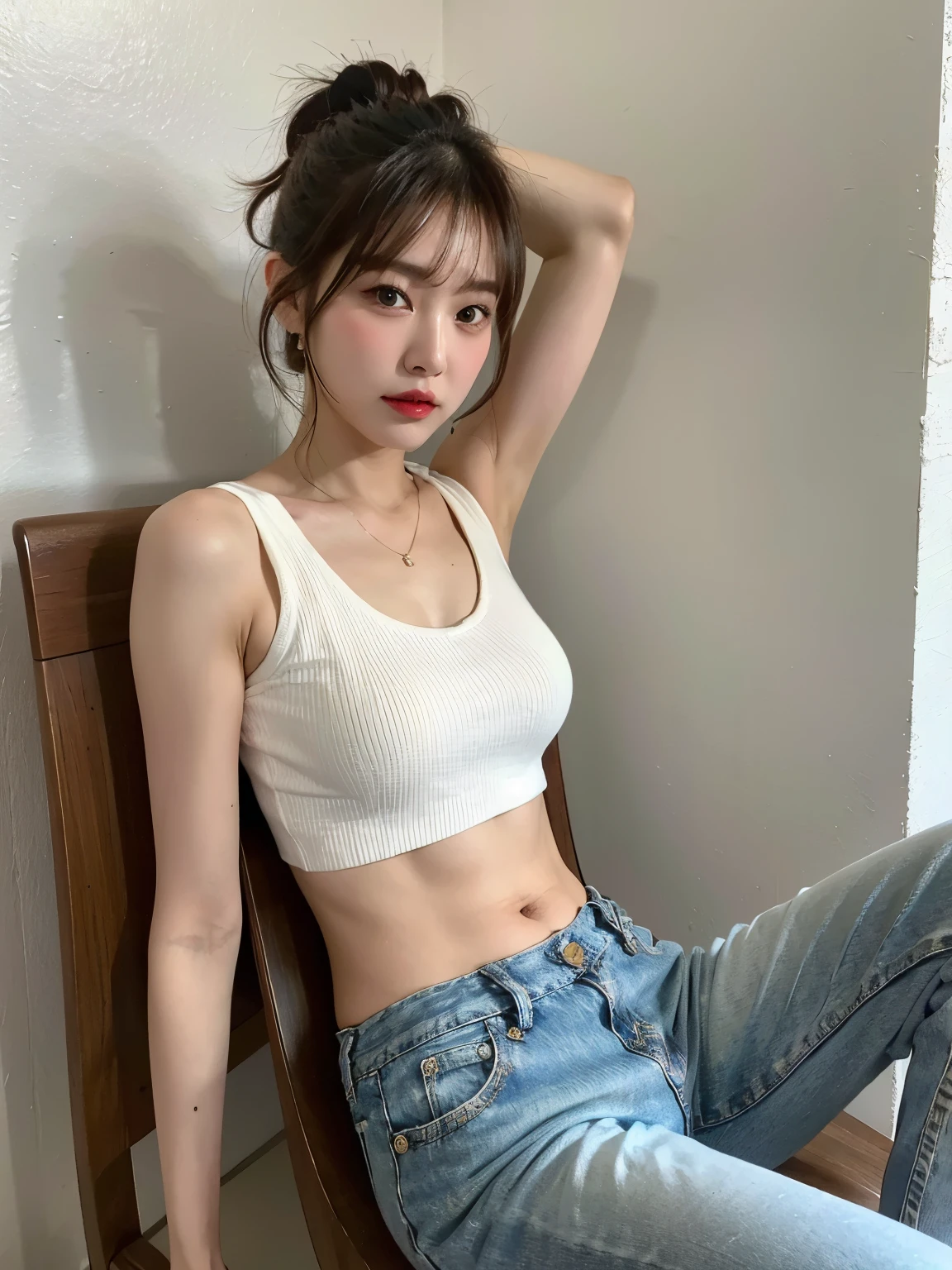 Top quality, one beautiful woman, wearing white tanktop and denimpants, 35mm lens, f/1, cowboy shot, (white background: 1.3), flat chest, sittingchair,tear bags.