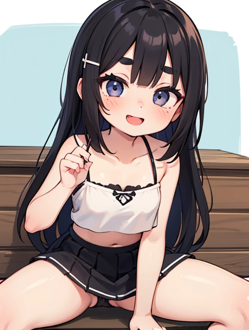 High quality, high definition, detailed depiction, True to anatomy, 1 girl, , Black hair, long hair, hairpin, Black gradation eyes, Big eyes, droopy eyes, thick eyebrows, long eyelashes, Freckle makeup, Provocative smile, slightly open mouth, Tube top, mini skirt , spread legs,