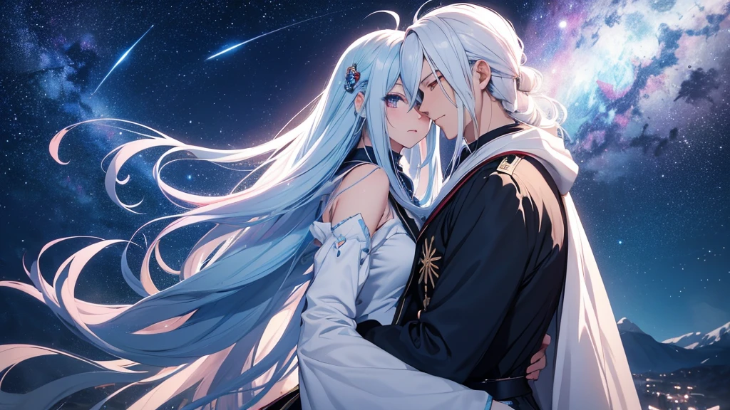 4K anime girl long white hair girl and the blue haired man They were embracing each other under the shining moonlight. Surrounded by stars and shooting stars Sharp images at Full HD 8K level, sharp details, beautiful images.