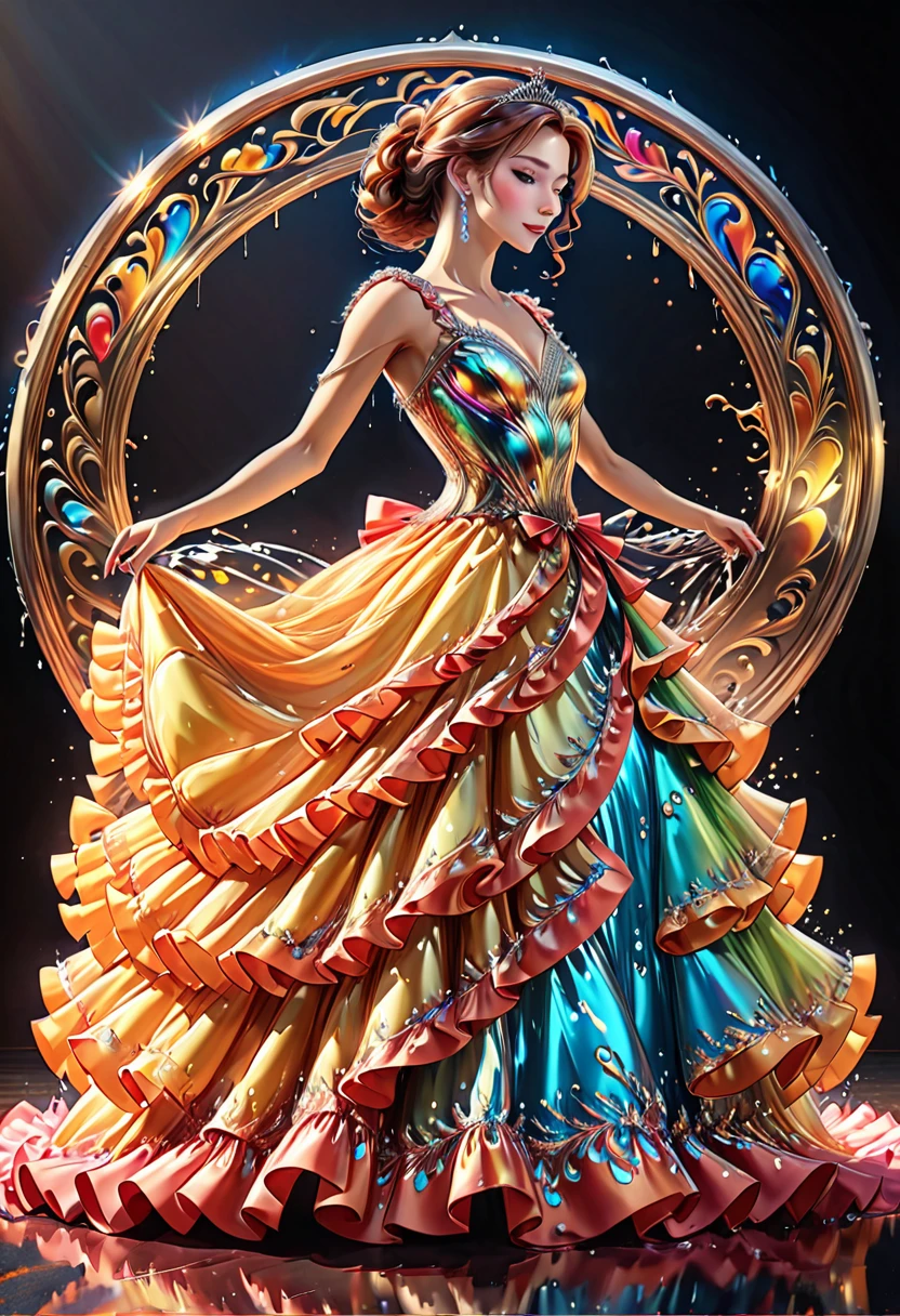 a ((liquid metal portrait: 1.5)) of woman ballroom dancer, a full body picture ((anatomically correct: 1.5)) ultra detailed face, dynamic hair color, dynamic hair style, dynamic skin complexion, best detailed face, of a exquisite beautiful female ballroom dancer, she is wearing a (colorful ballroom dress: 1.3), best detailed dress, colorful dress, multicores dress, royal fantasy ballroom background, LIQUID METAL, artxldnc, ba11g0wnת princess dress