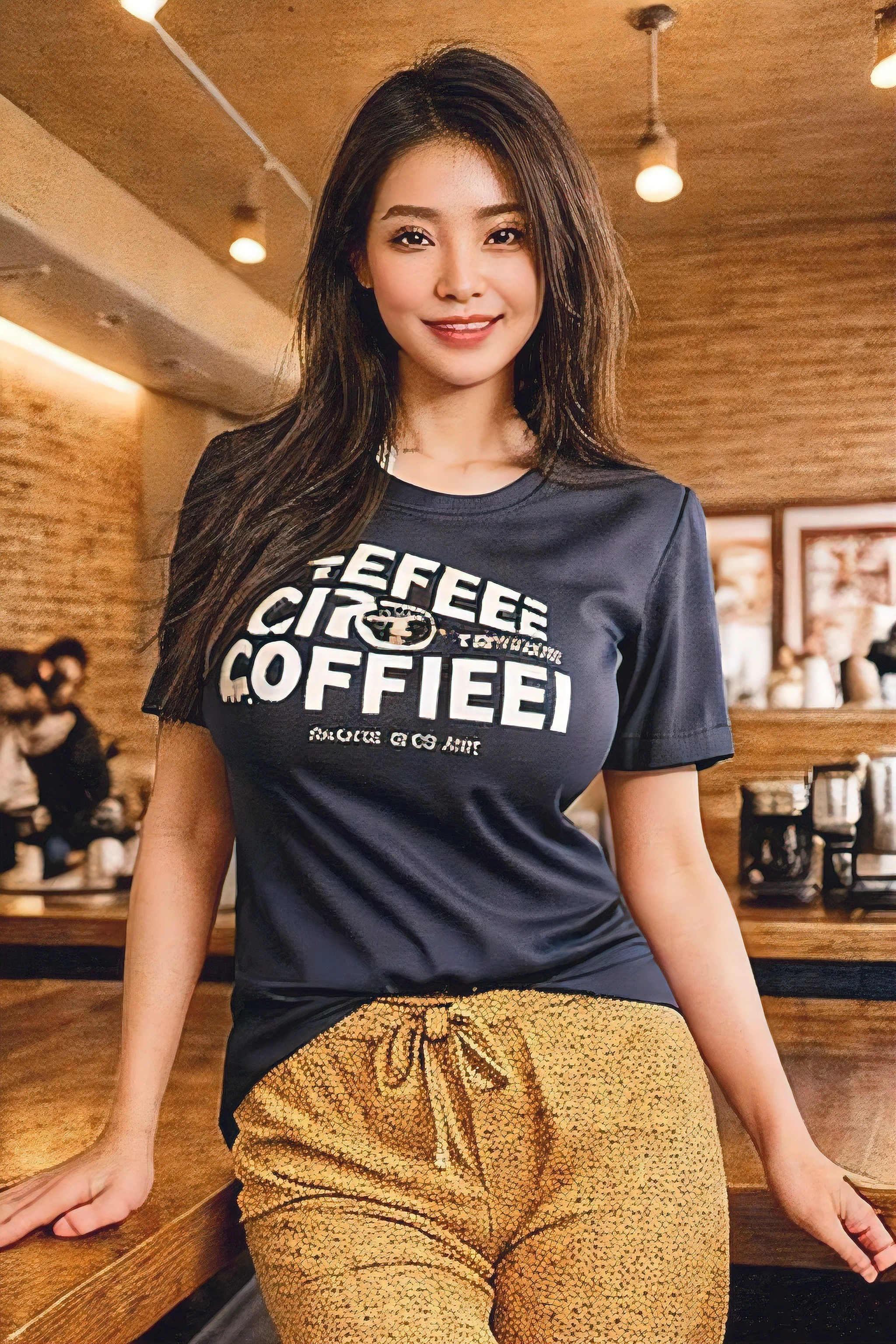 Smiling and holding her favorite coffee in a coffee shop, Dress code: T-shirt and pants, (Large Breasts), retina, textured skin, high details, 8k, high details, high quality, highres, best quality